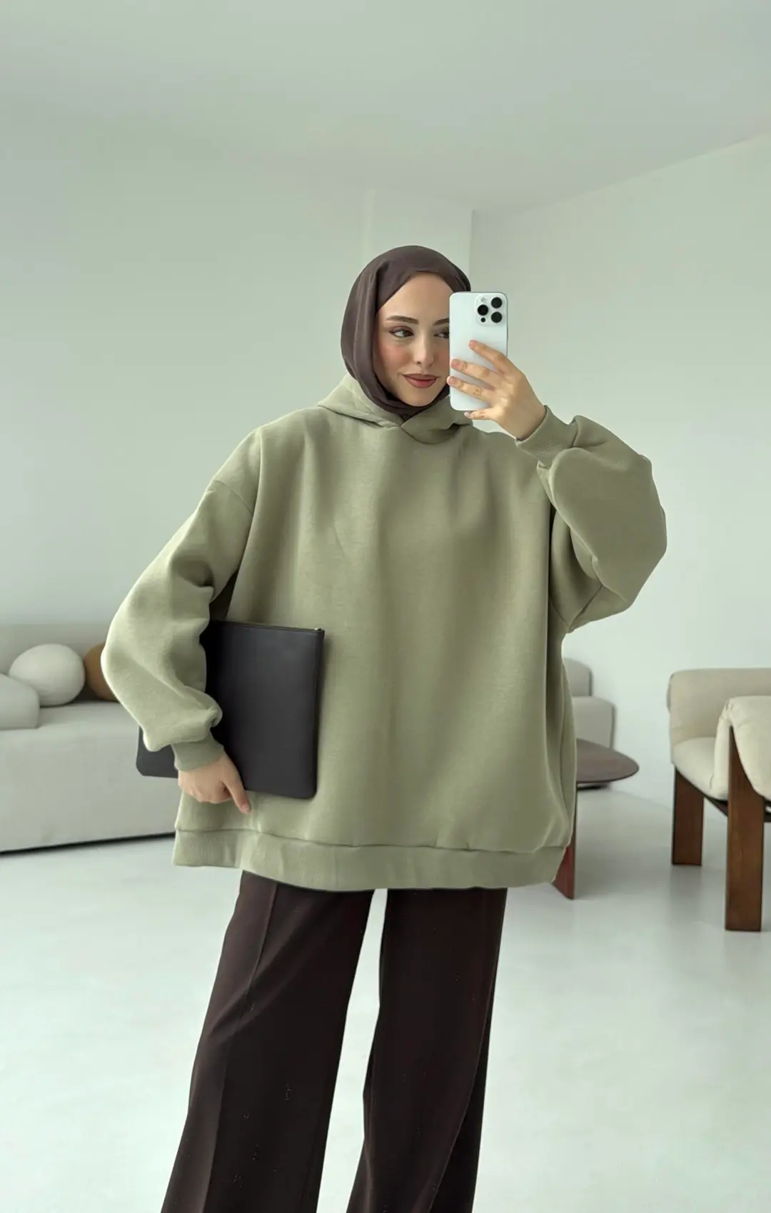 Kapüşonlu Oversize Şardonlu Sweatshirt Cagla - Görsel 6