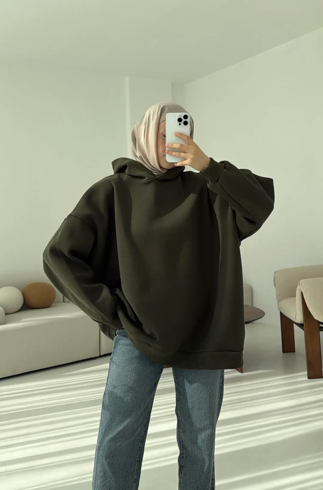 Kapüşonlu Oversize Şardonlu Sweatshirt Haki - Görsel 3
