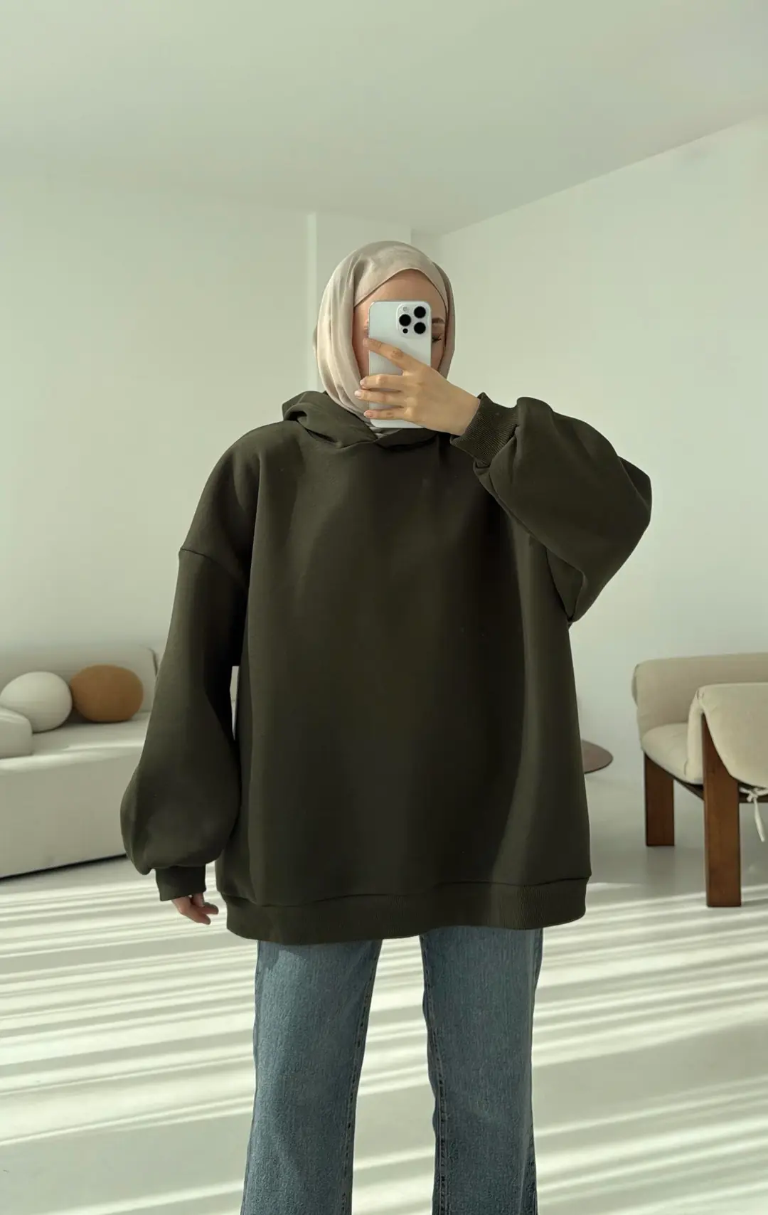 Kapüşonlu Oversize Şardonlu Sweatshirt Haki - Görsel 7