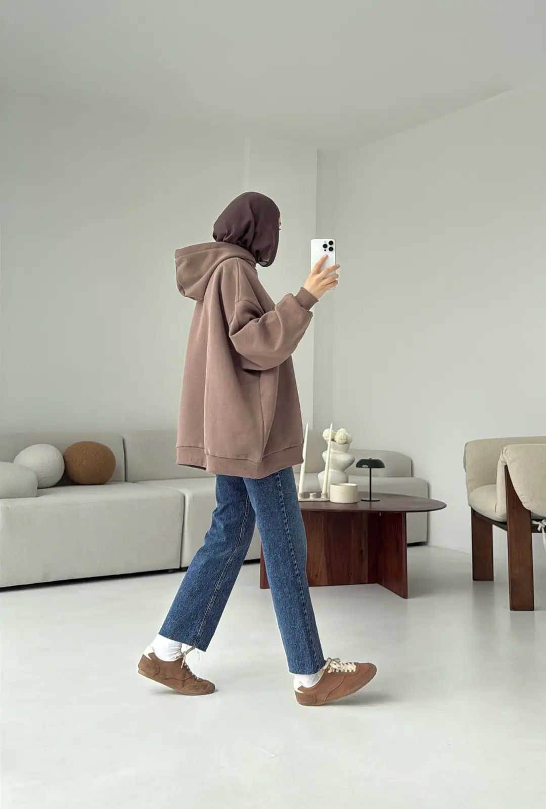 Kapüşonlu Oversize Şardonlu Sweatshirt Kahve