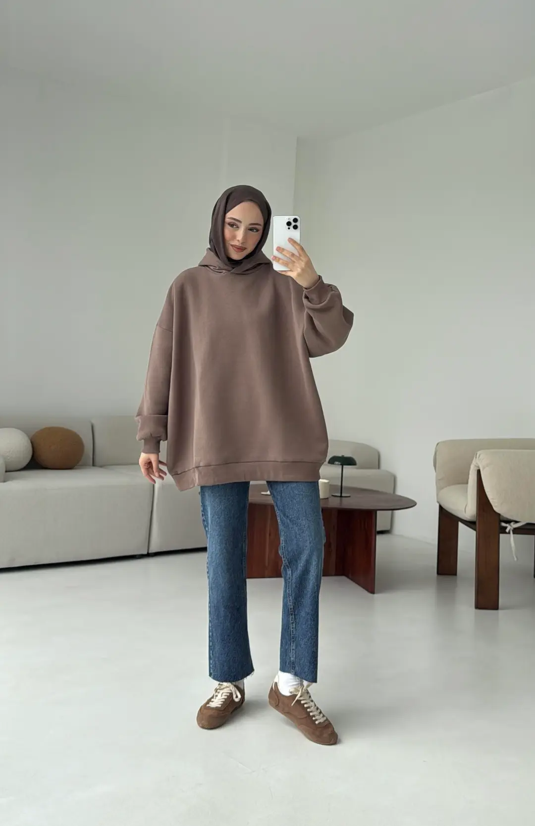 Kapüşonlu Oversize Şardonlu Sweatshirt Kahve - Görsel 3