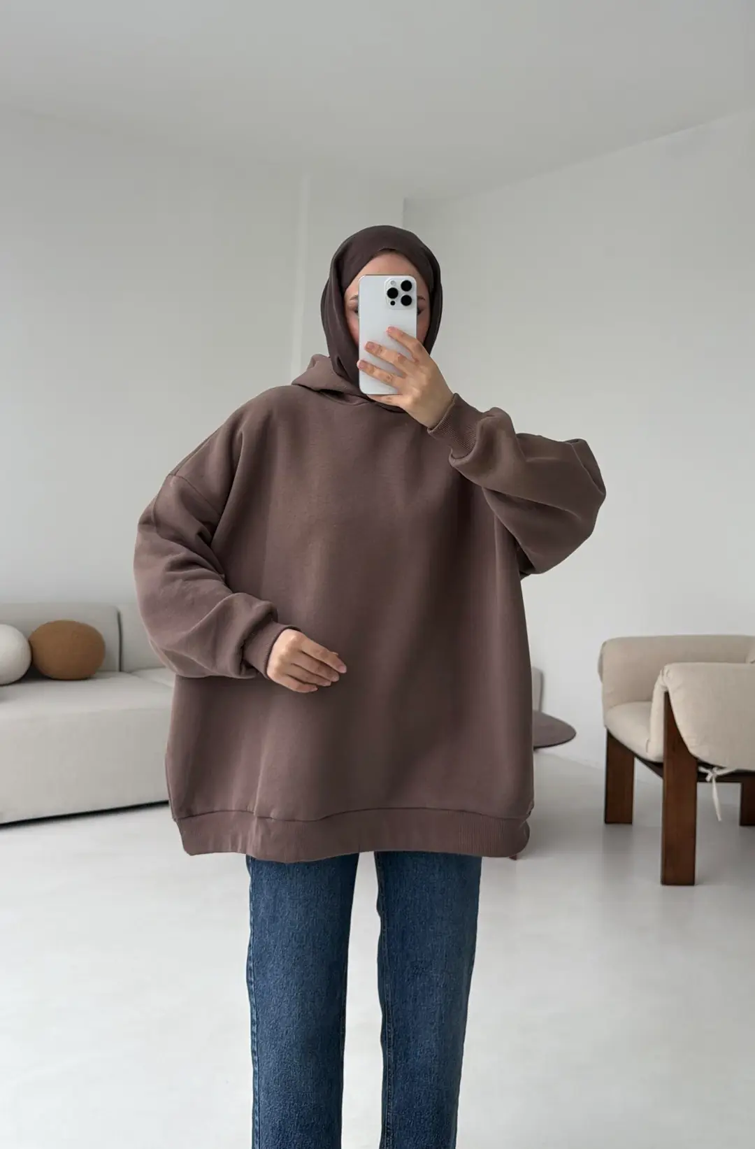 Kapüşonlu Oversize Şardonlu Sweatshirt Kahve - Görsel 4