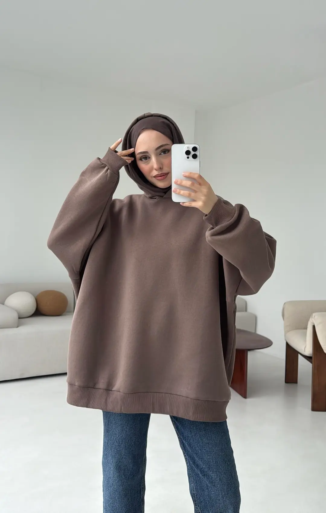 Kapüşonlu Oversize Şardonlu Sweatshirt Kahve - Görsel 6