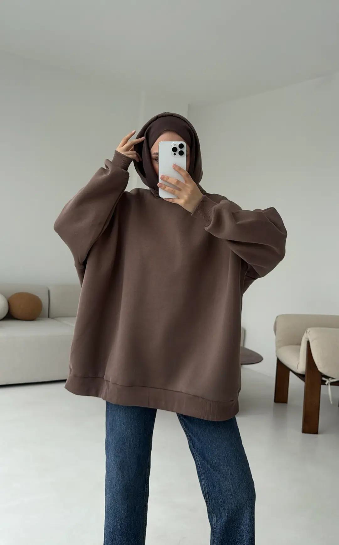 Kapüşonlu Oversize Şardonlu Sweatshirt Kahve - Görsel 7