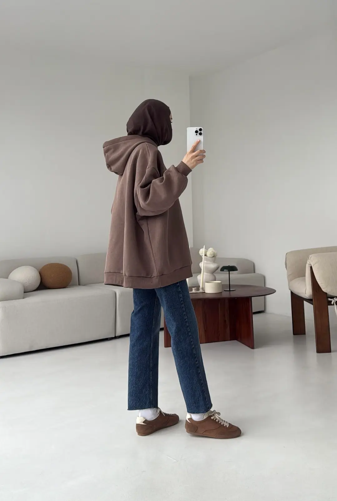 Kapüşonlu Oversize Şardonlu Sweatshirt Kahve - Görsel 8