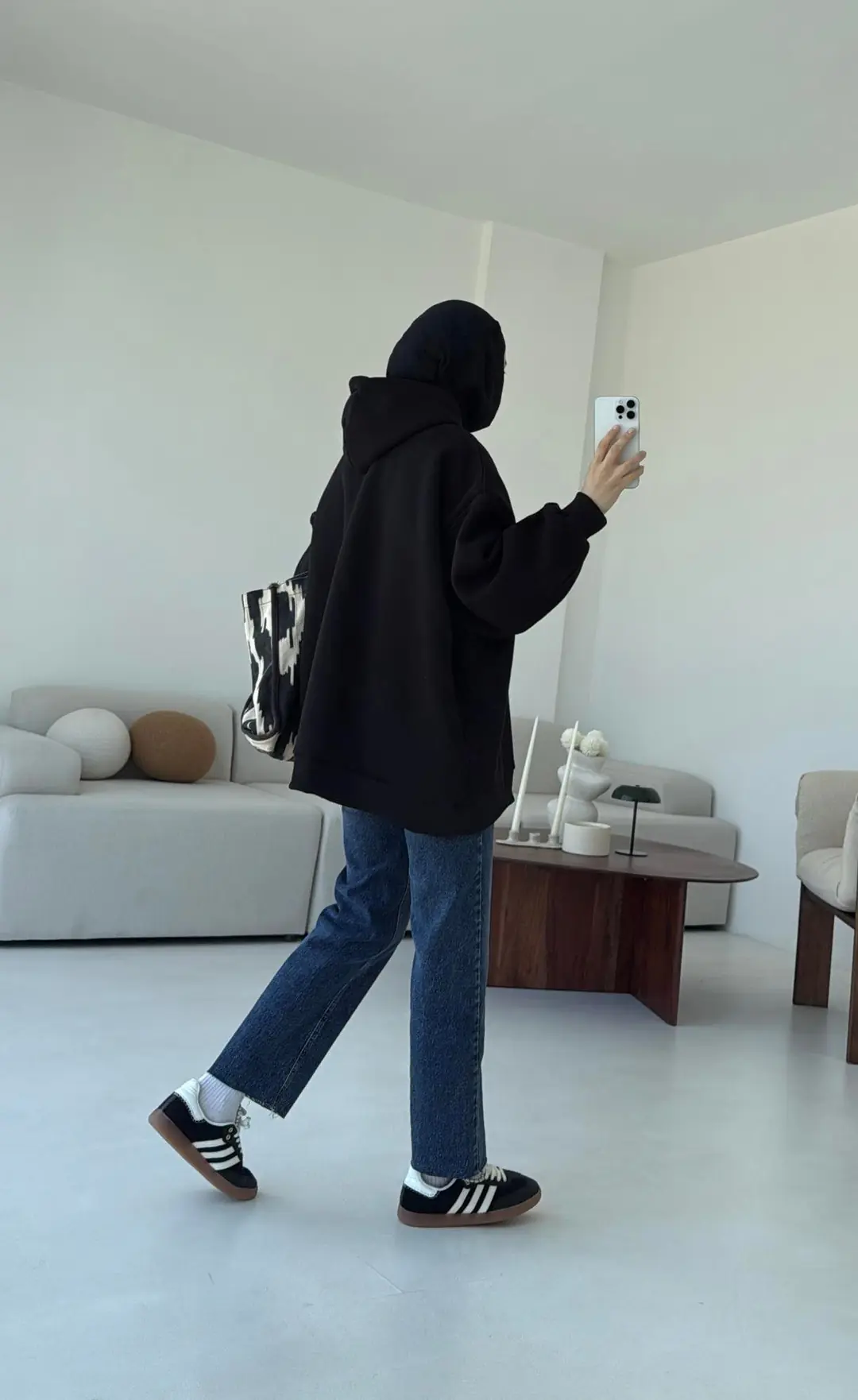 Kapüşonlu Oversize Şardonlu Sweatshirt Siyah - Görsel 3