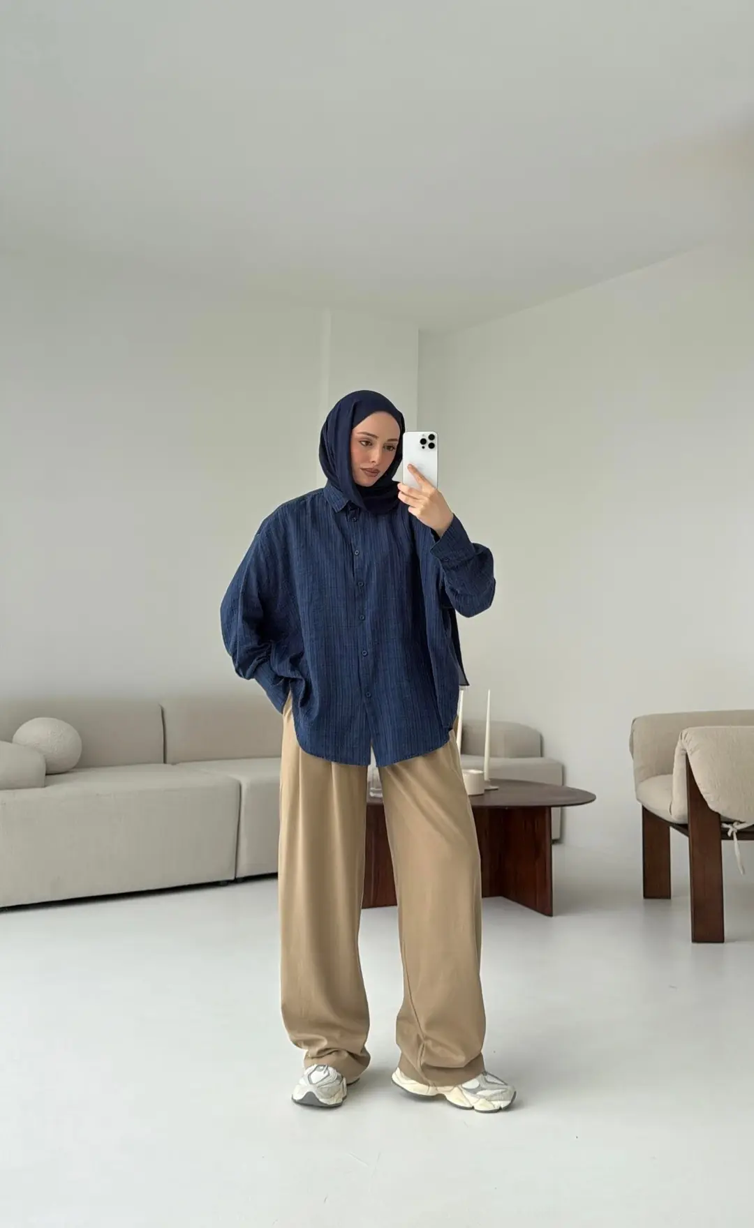 Kare Dokulu Lacivert Oversize Gömlek - Görsel 3