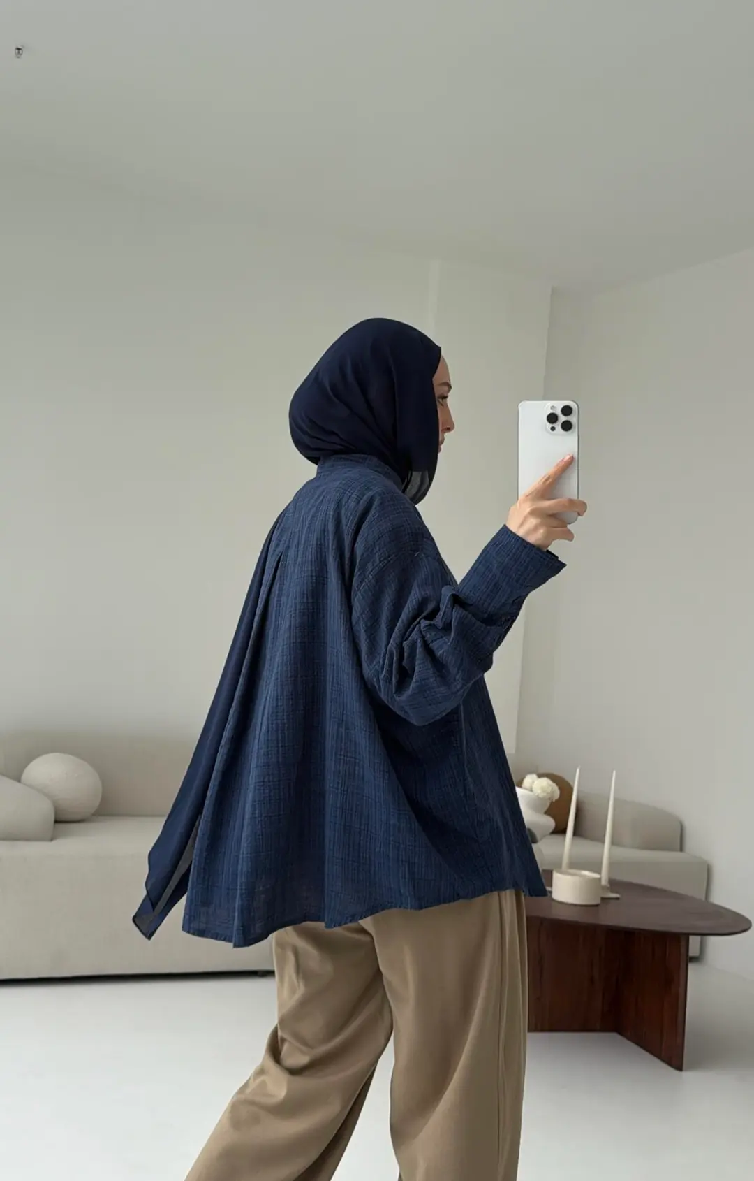 Kare Dokulu Lacivert Oversize Gömlek - Görsel 7