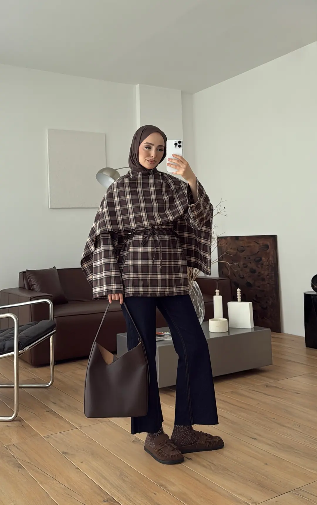 Kareli Şallı Gömlek Kahve - Görsel 3