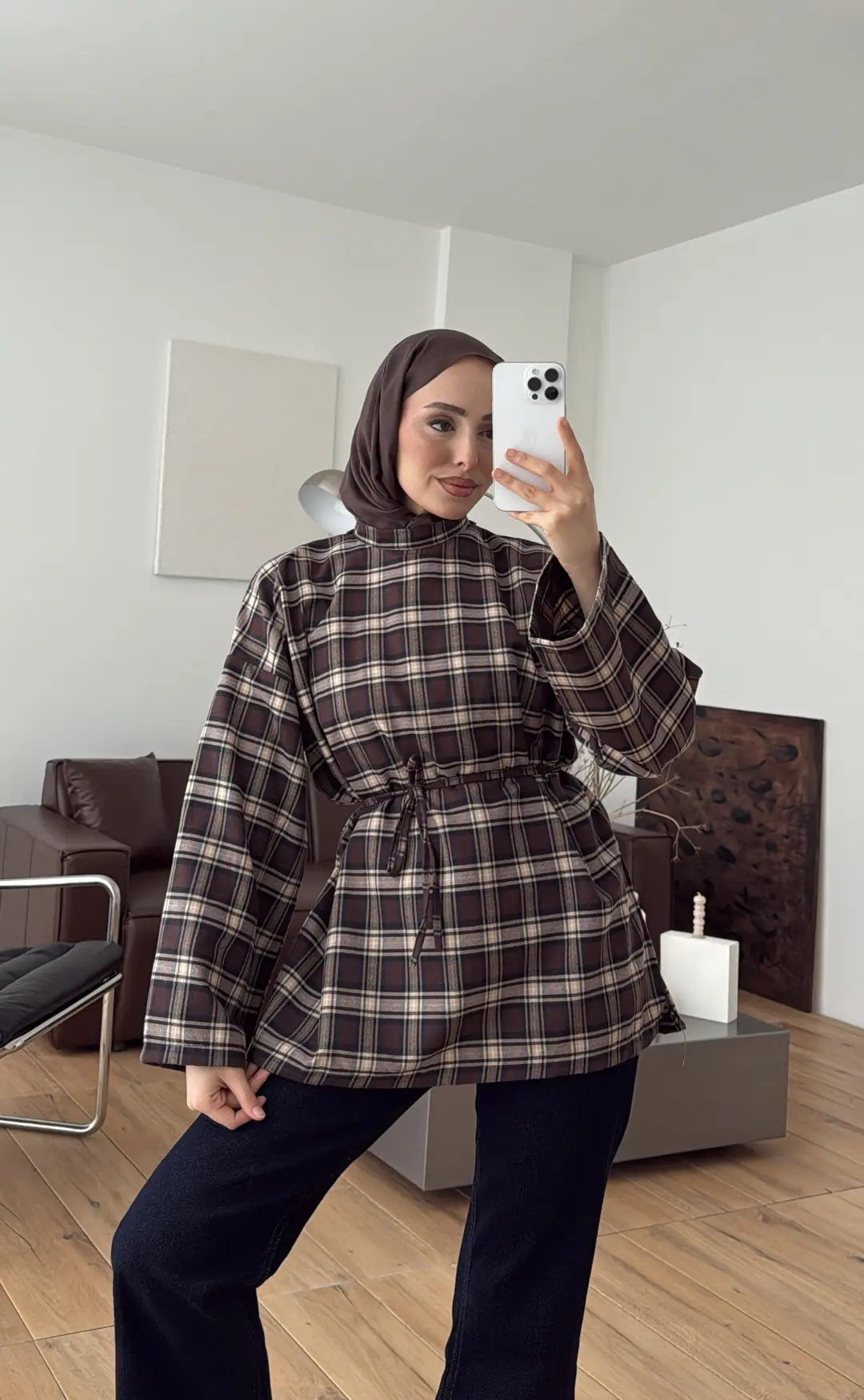 Kareli Şallı Gömlek Kahve - Görsel 6