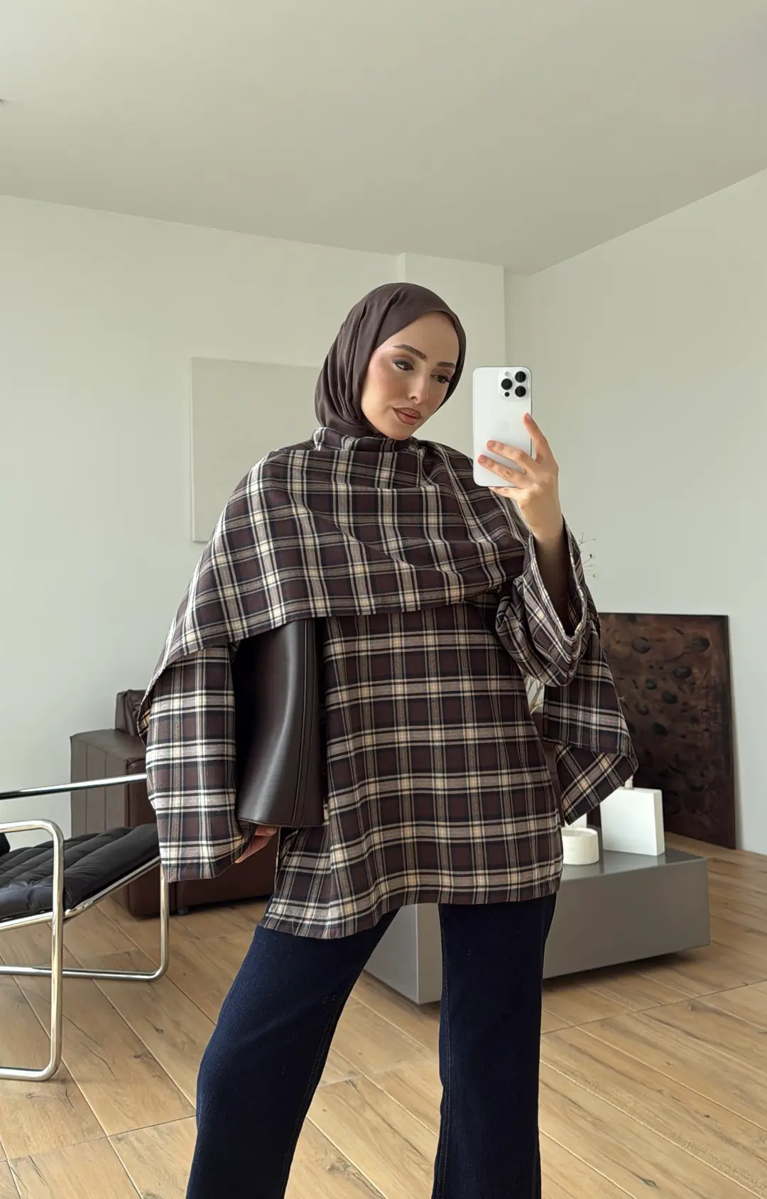 Kareli Şallı Gömlek Kahve - Görsel 7