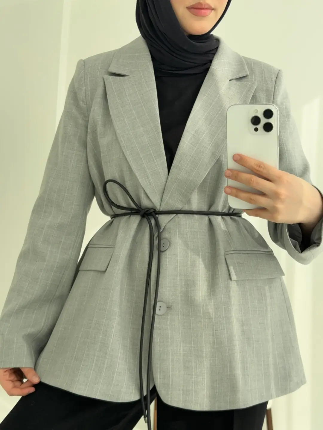 Kemer Detaylı Blazer Ceket Gri - Görsel 4