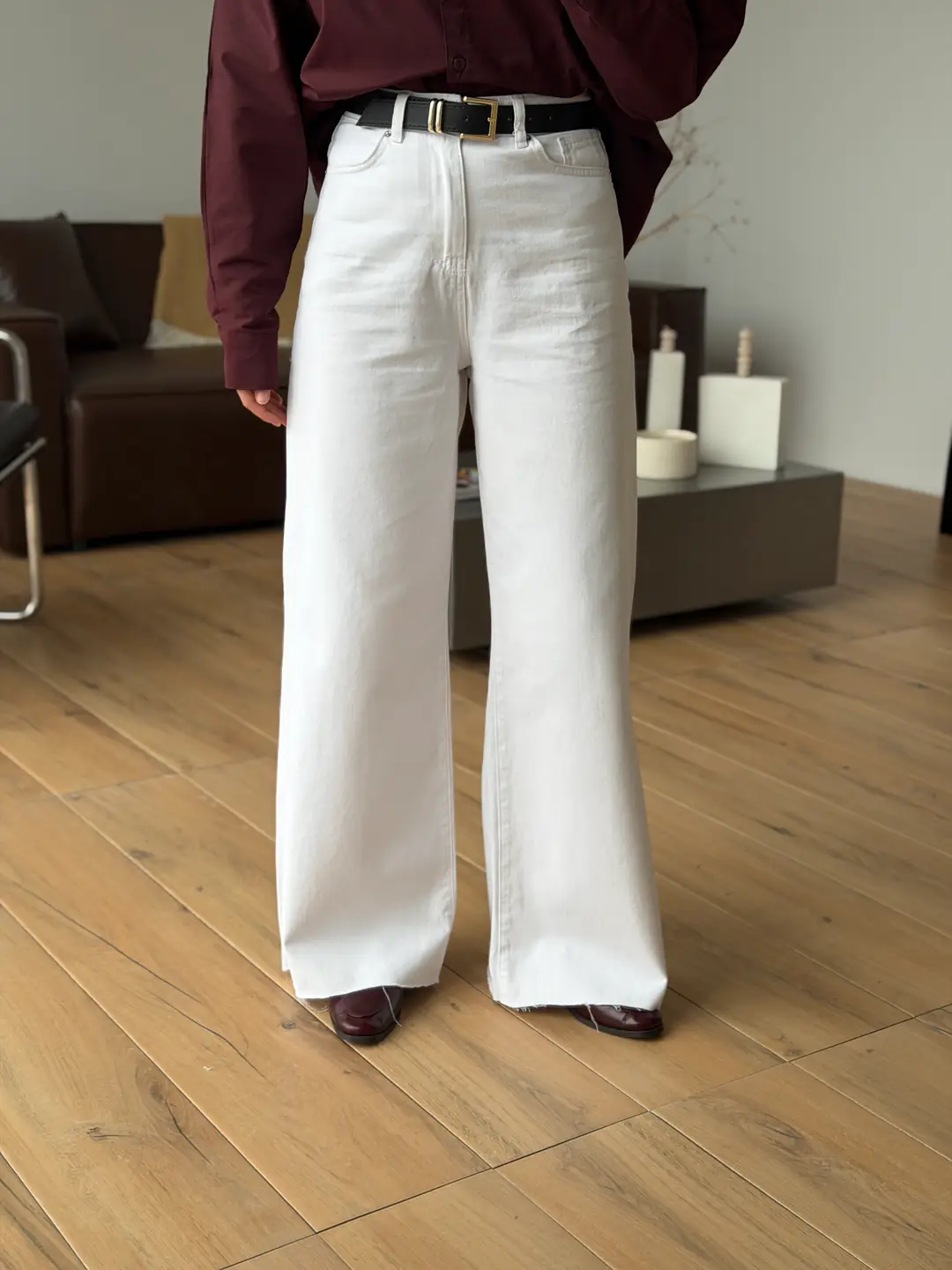 Kemerli Wide Leg Beyaz Jean