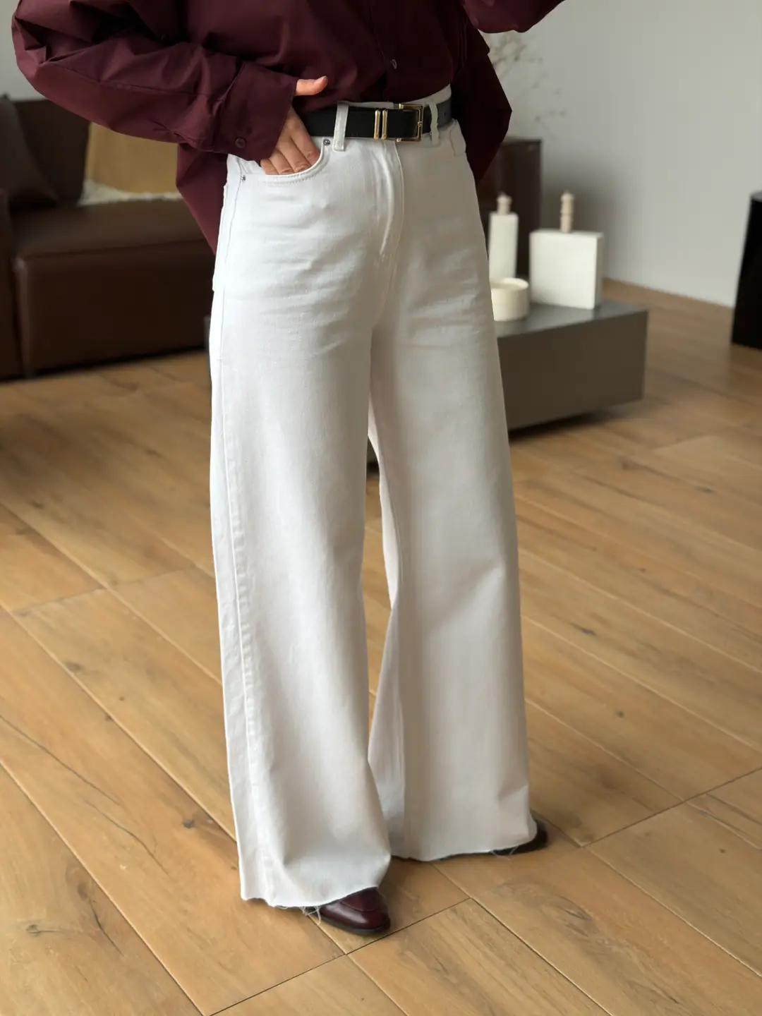 Kemerli Wide Leg Beyaz Jean - Görsel 2