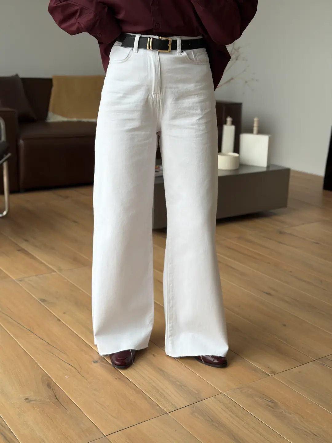 Kemerli Wide Leg Beyaz Jean - Görsel 3