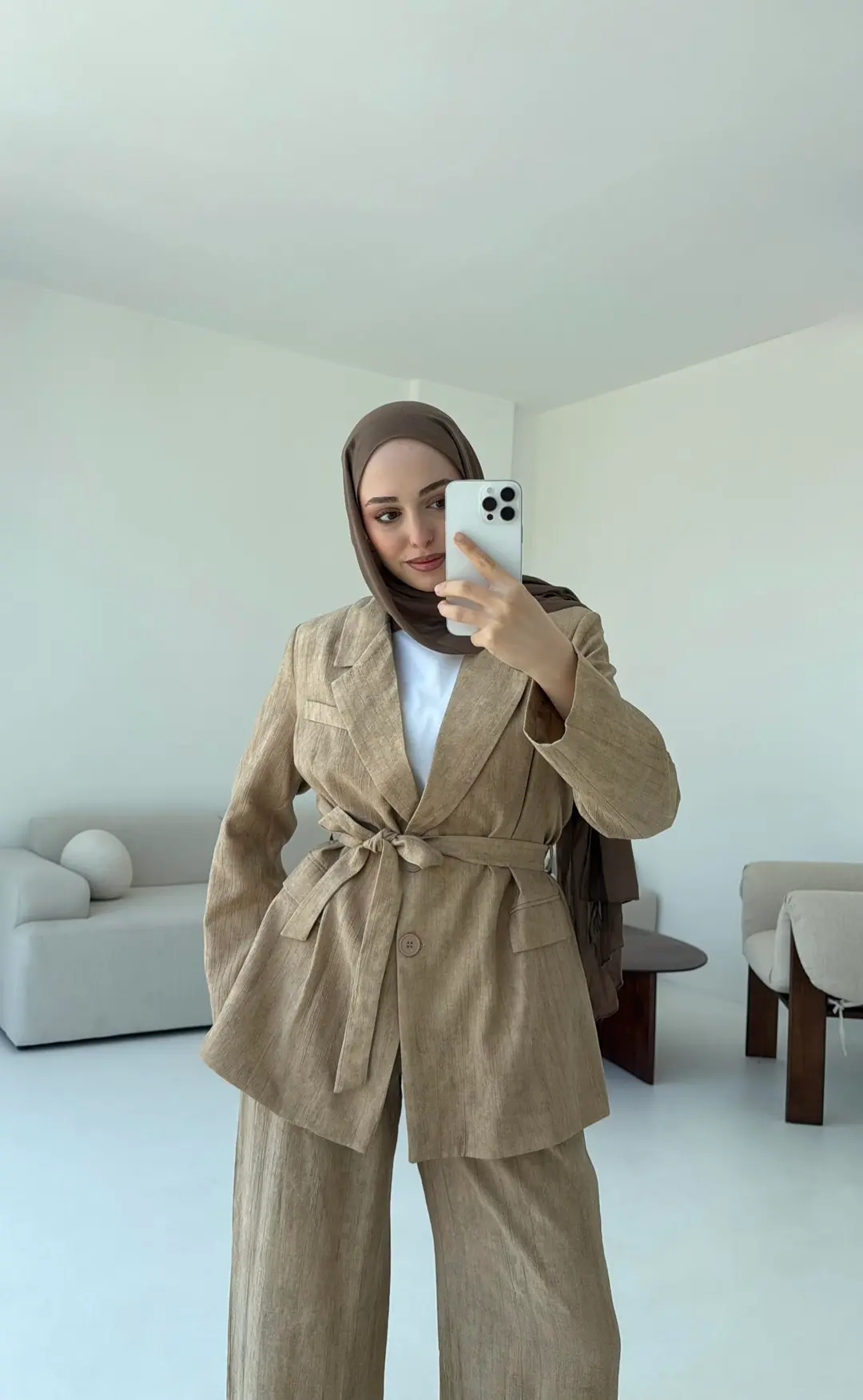 Kemerli Ceket Beli Lastikli Pantolon Takım Bej