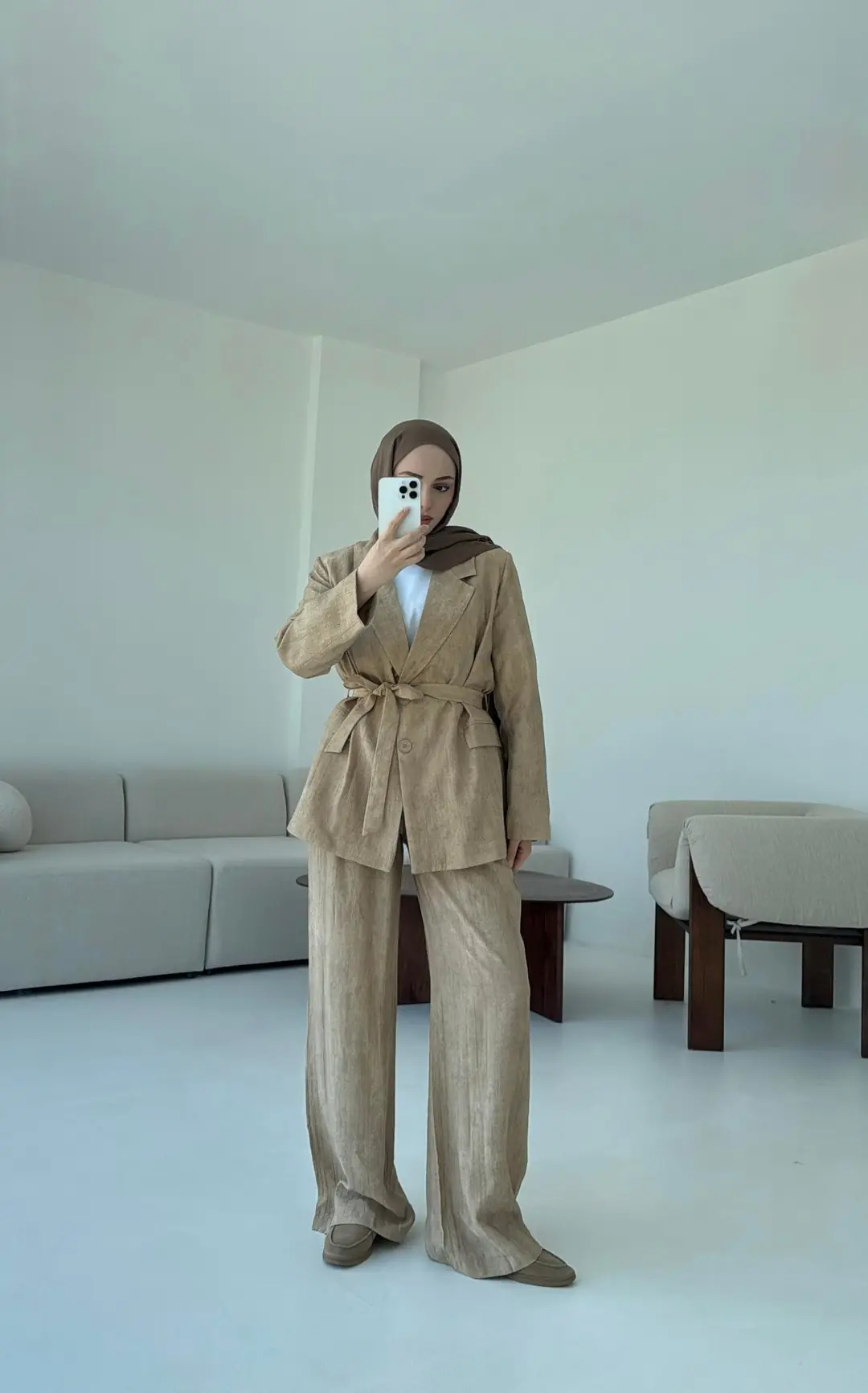 Kemerli Ceket Beli Lastikli Pantolon Takım Bej - Görsel 4