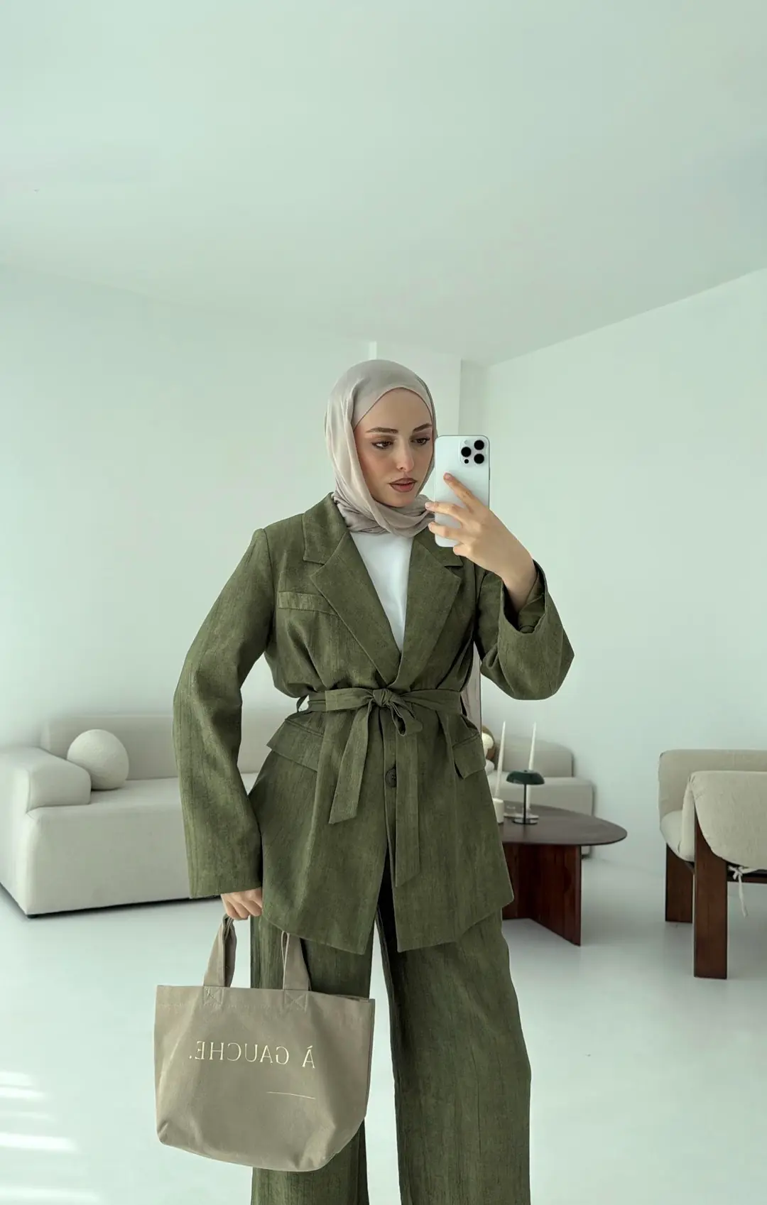 Kemerli Ceket Beli Lastikli Pantolon Takım Haki - Görsel 2