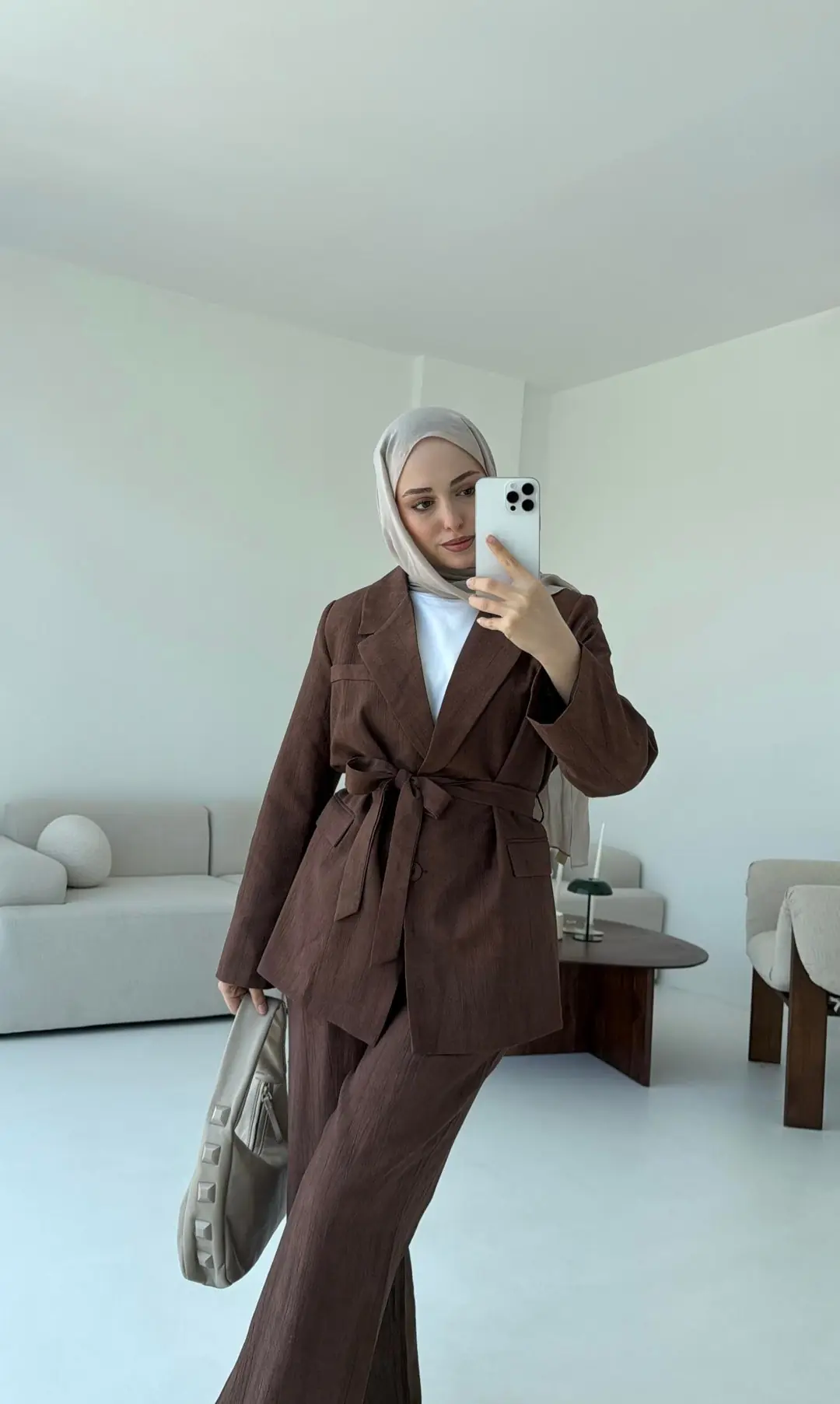 Kemerli Ceket Beli Lastikli Pantolon Takım  Kahve - Görsel 4