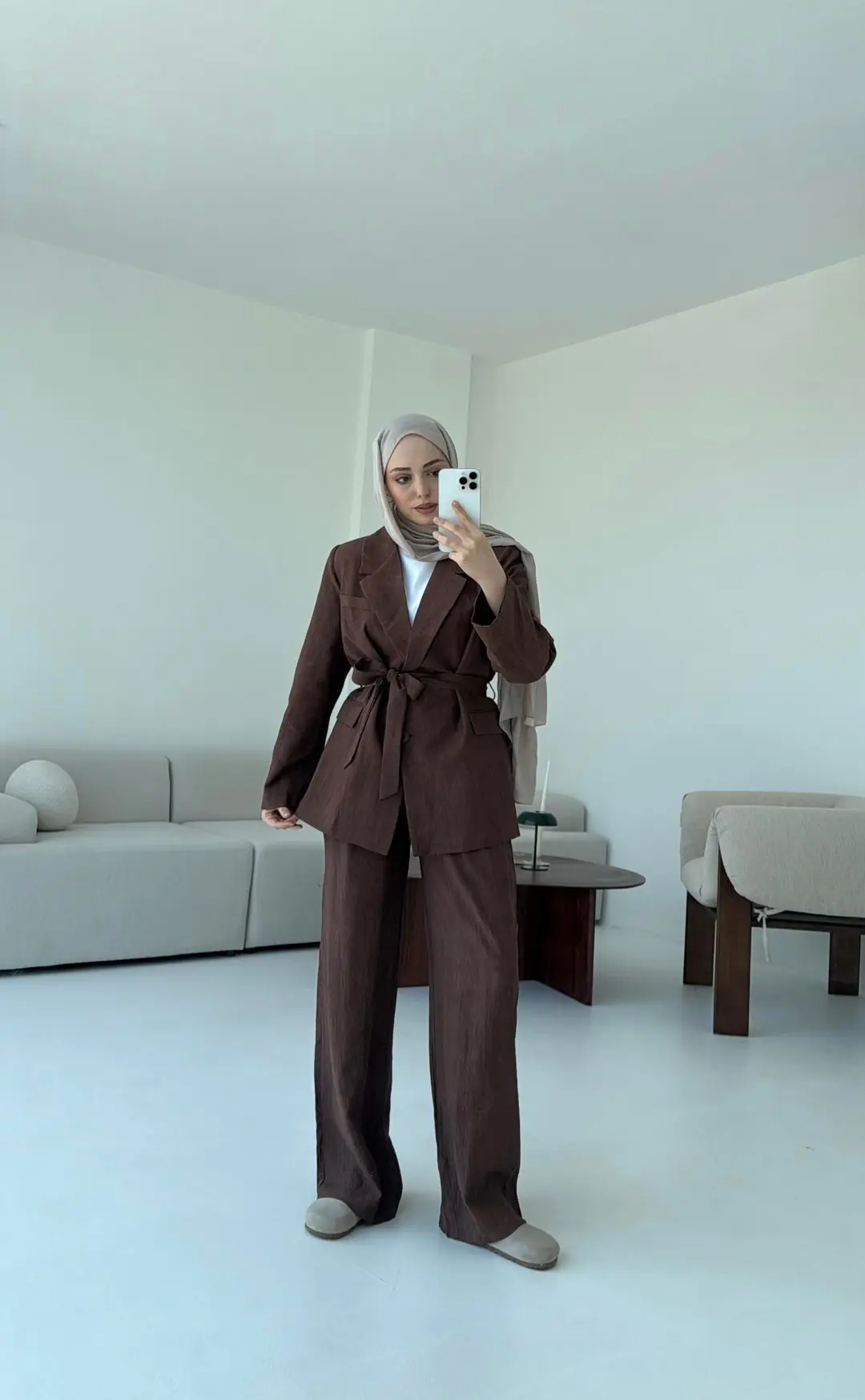 Kemerli Ceket Beli Lastikli Pantolon Takım  Kahve - Görsel 6