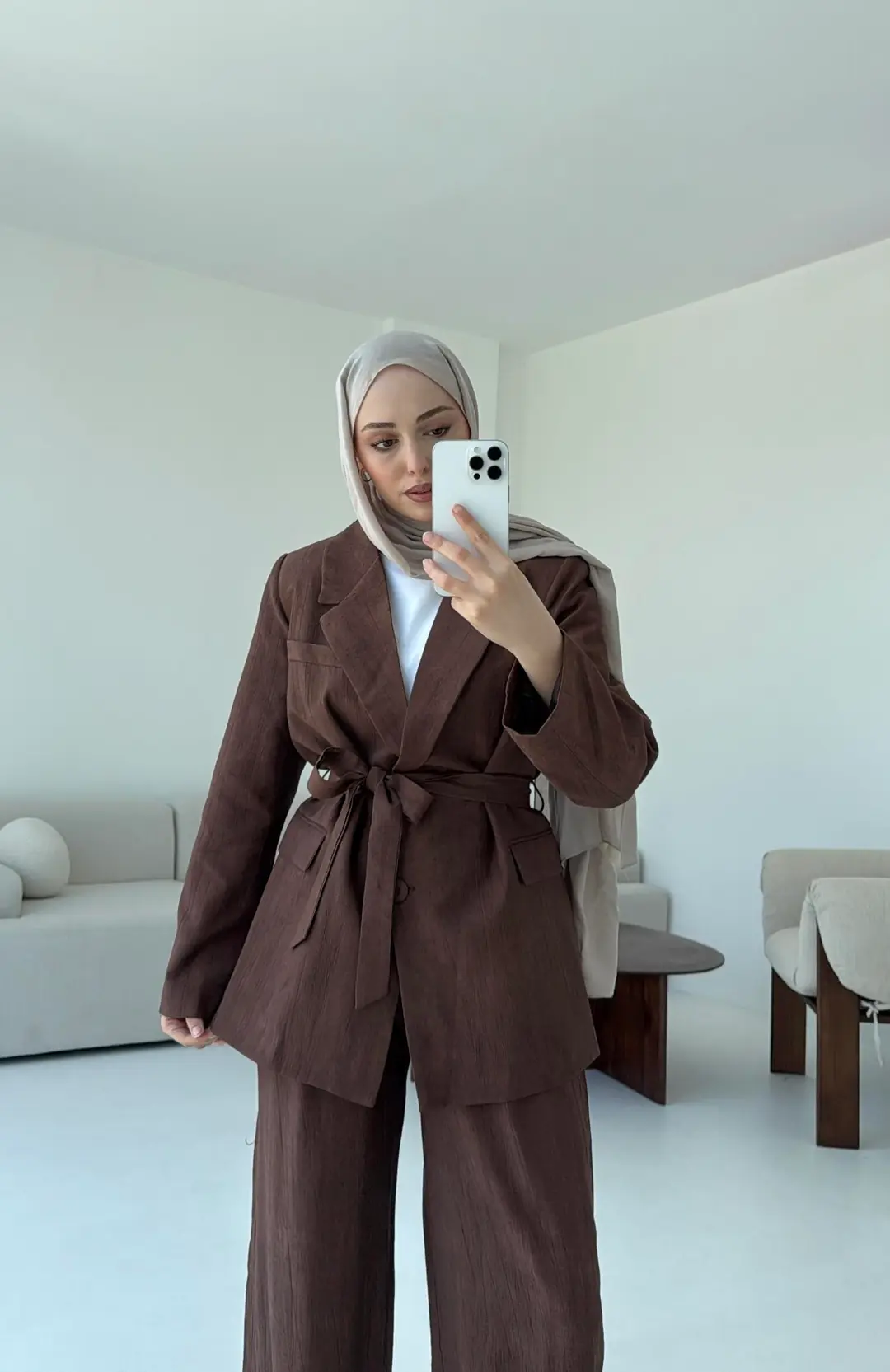 Kemerli Ceket Beli Lastikli Pantolon Takım  Kahve - Görsel 7