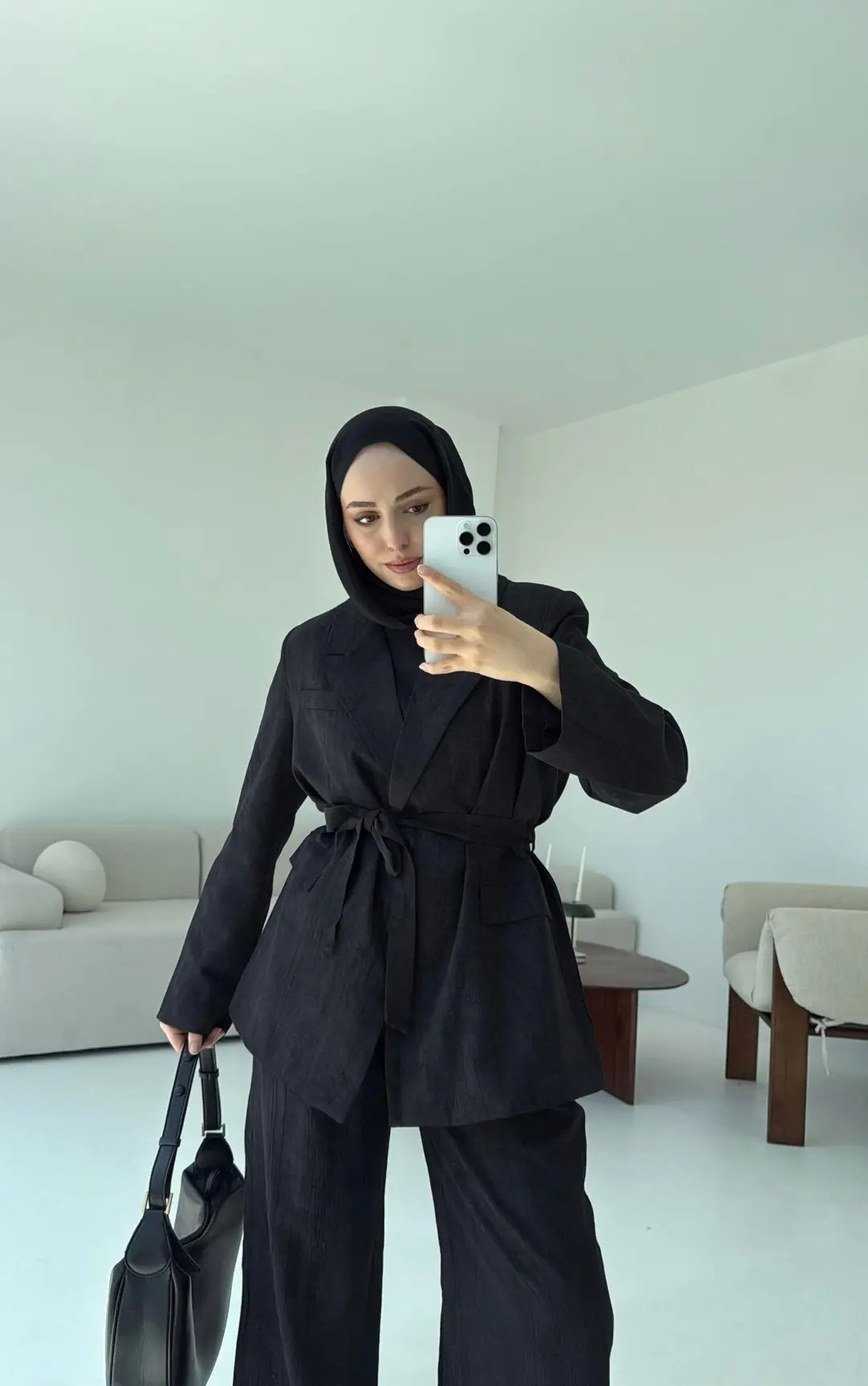 Kemerli Ceket Beli Lastikli Pantolon Takım Siyah - Görsel 2