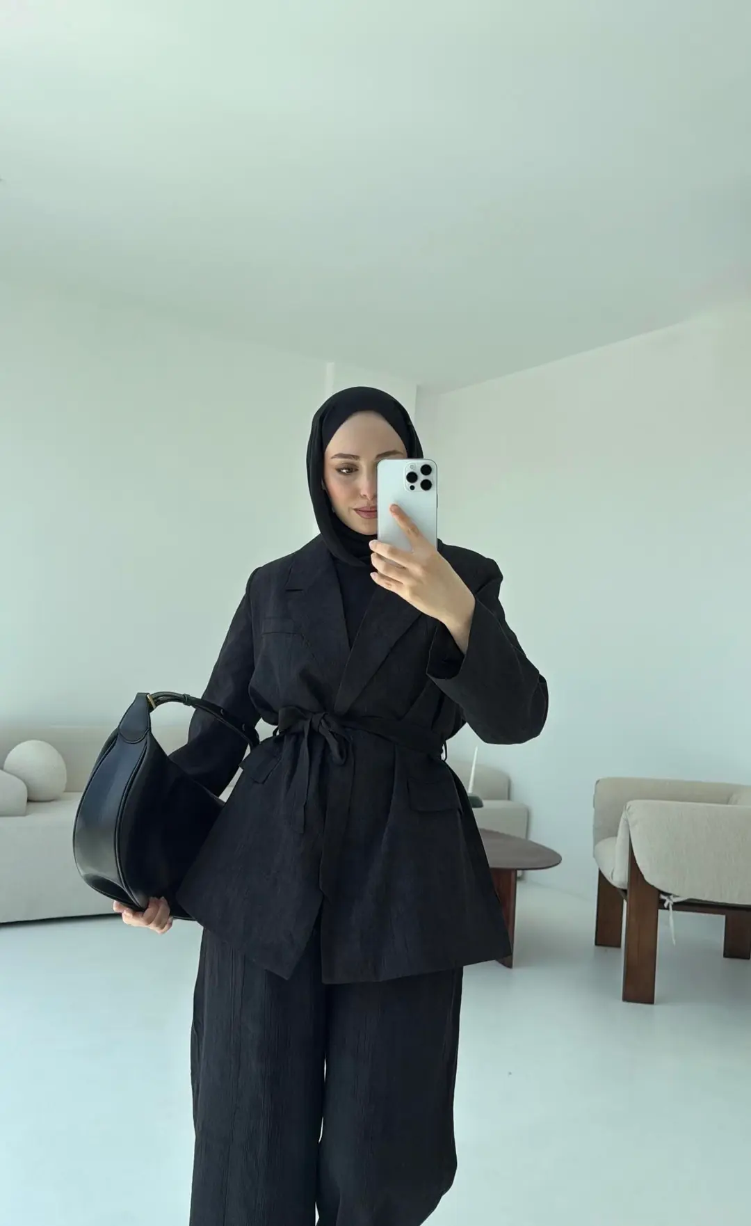 Kemerli Ceket Beli Lastikli Pantolon Takım Siyah - Görsel 6