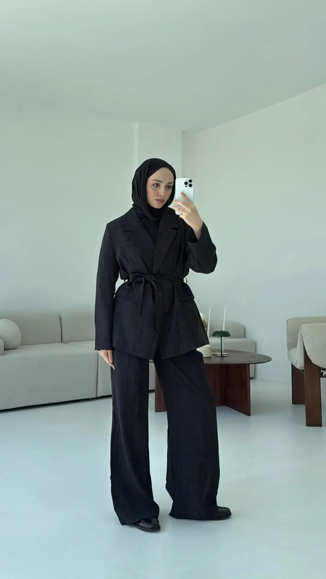 Kemerli Ceket Beli Lastikli Pantolon Takım Siyah - Görsel 7