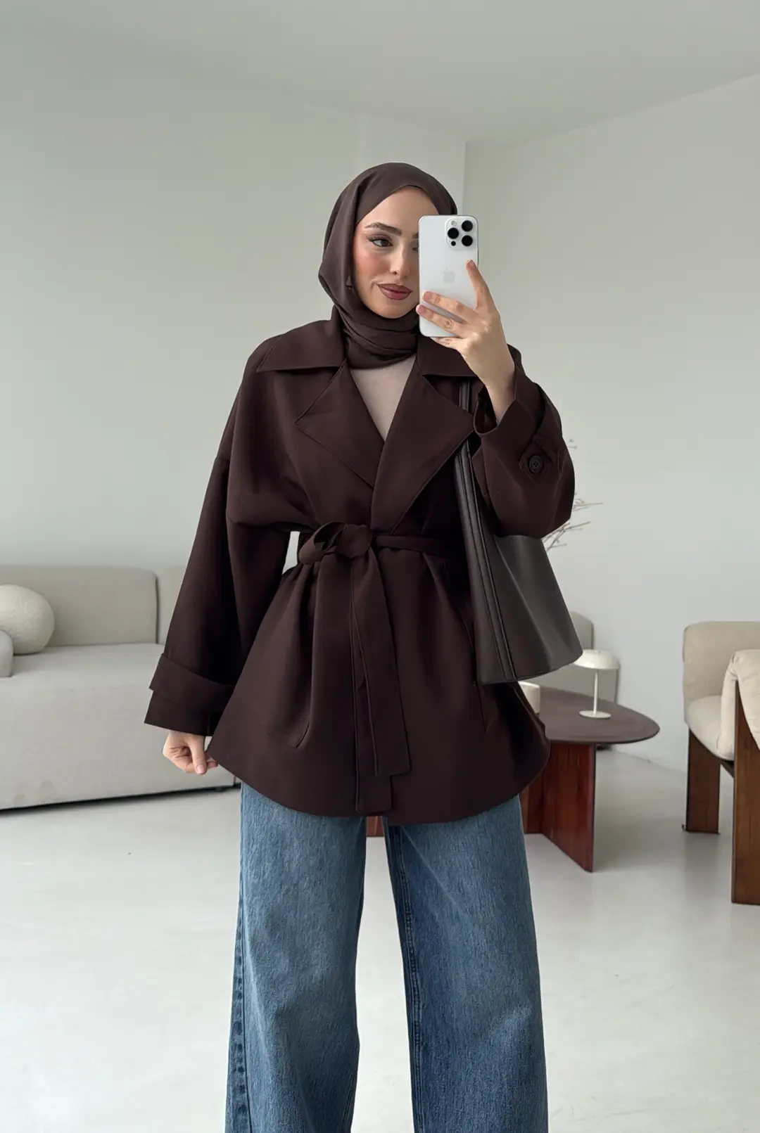 Kemerli Dökümlü Trençkot Kahve - Görsel 6