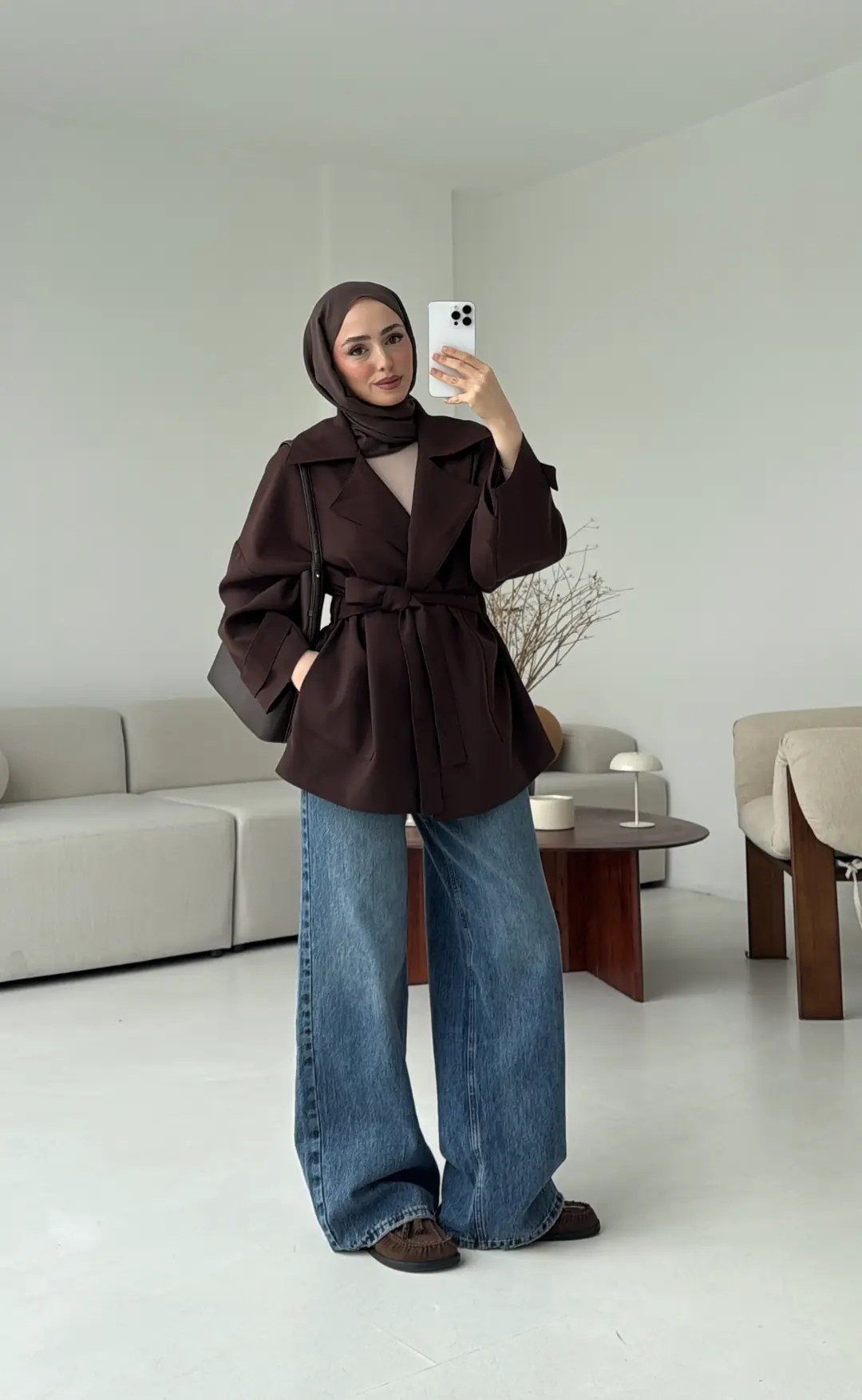 Kemerli Dökümlü Trençkot Kahve - Görsel 7