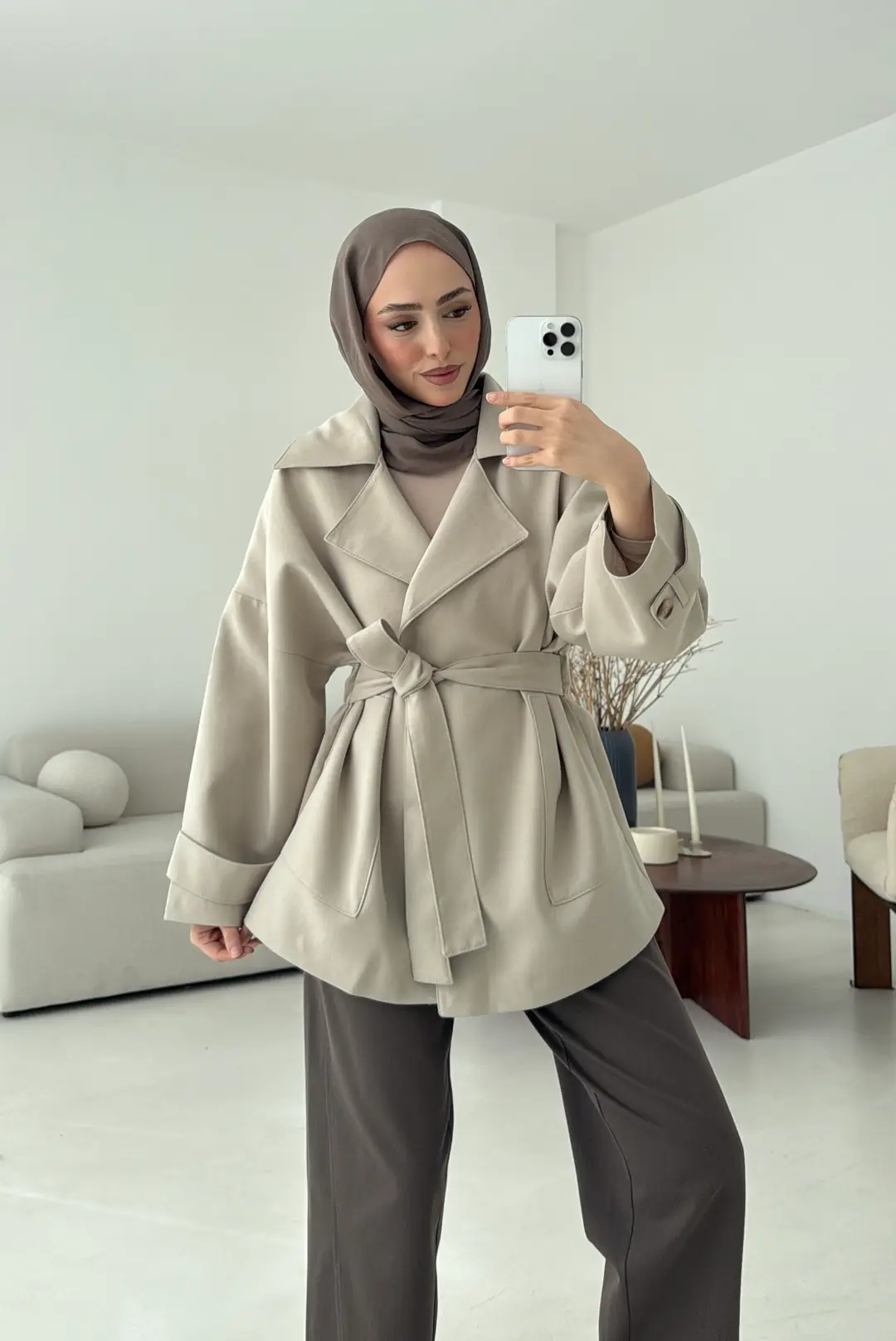 Kemerli Dökümlü Trençkot Taş - Görsel 6