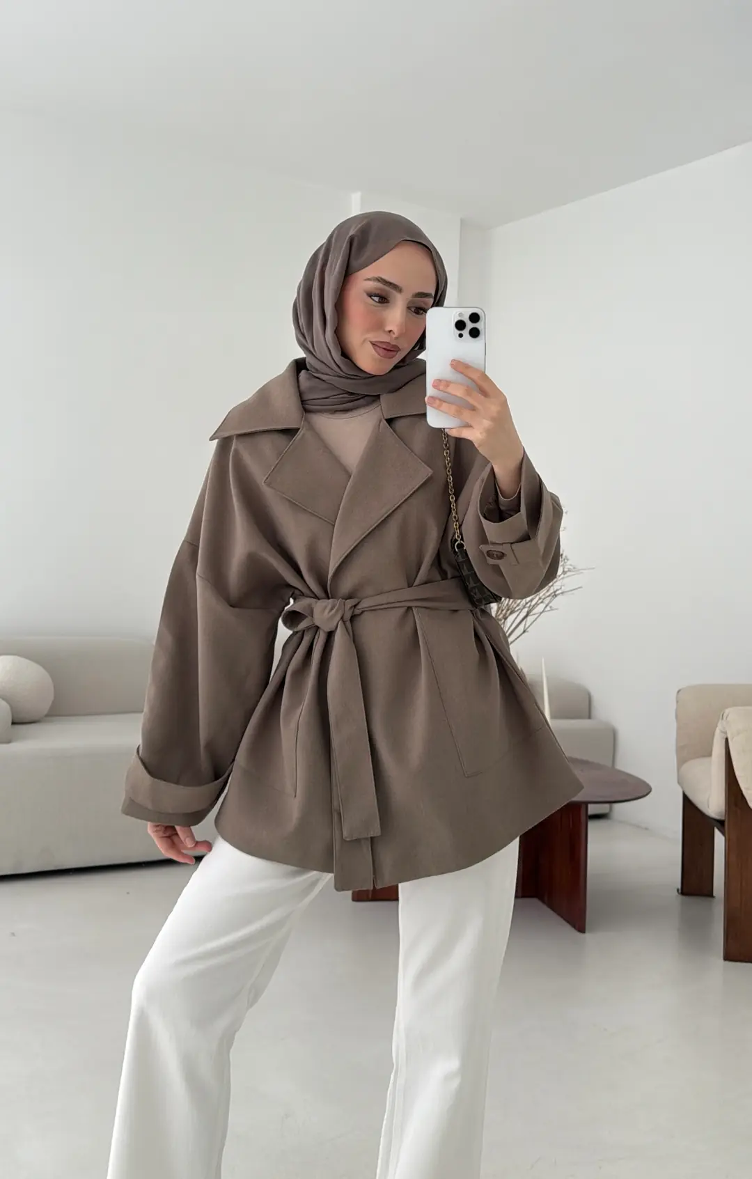 Kemerli Dökümlü Trençkot Vizon