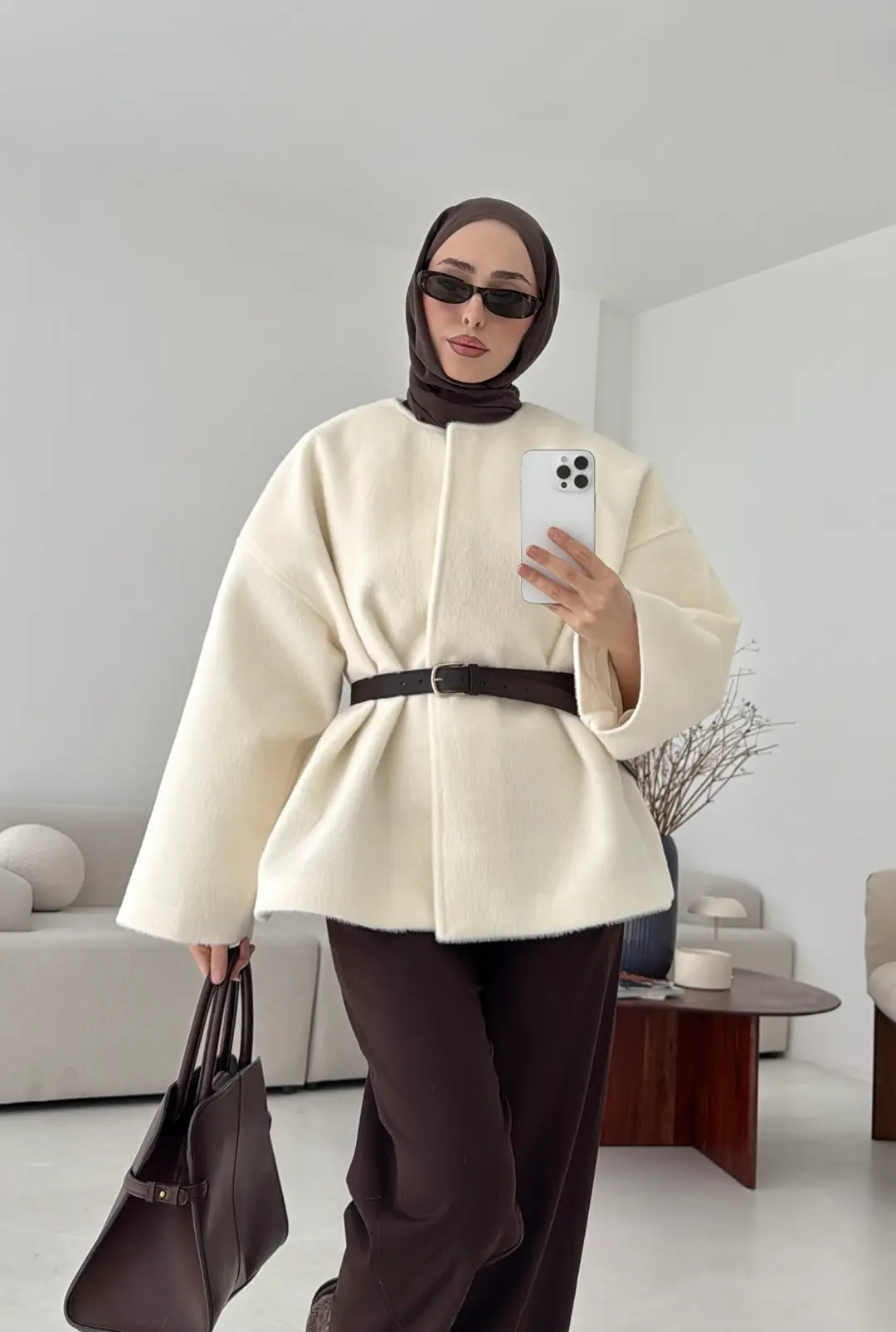 Kemerli Gizli Düğmeli Kaşe Kaban - Görsel 10