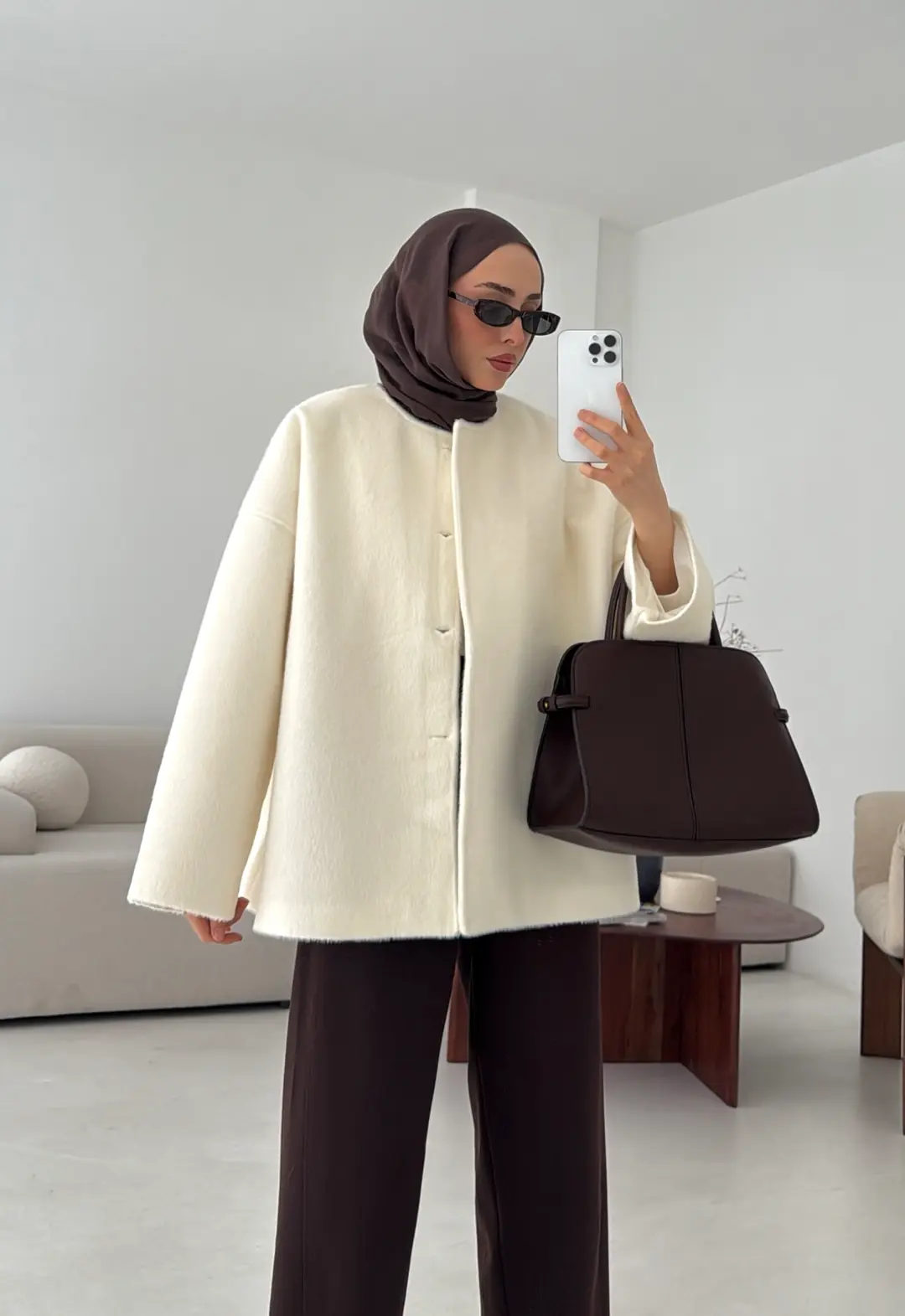 Kemerli Gizli Düğmeli Kaşe Kaban - Görsel 3