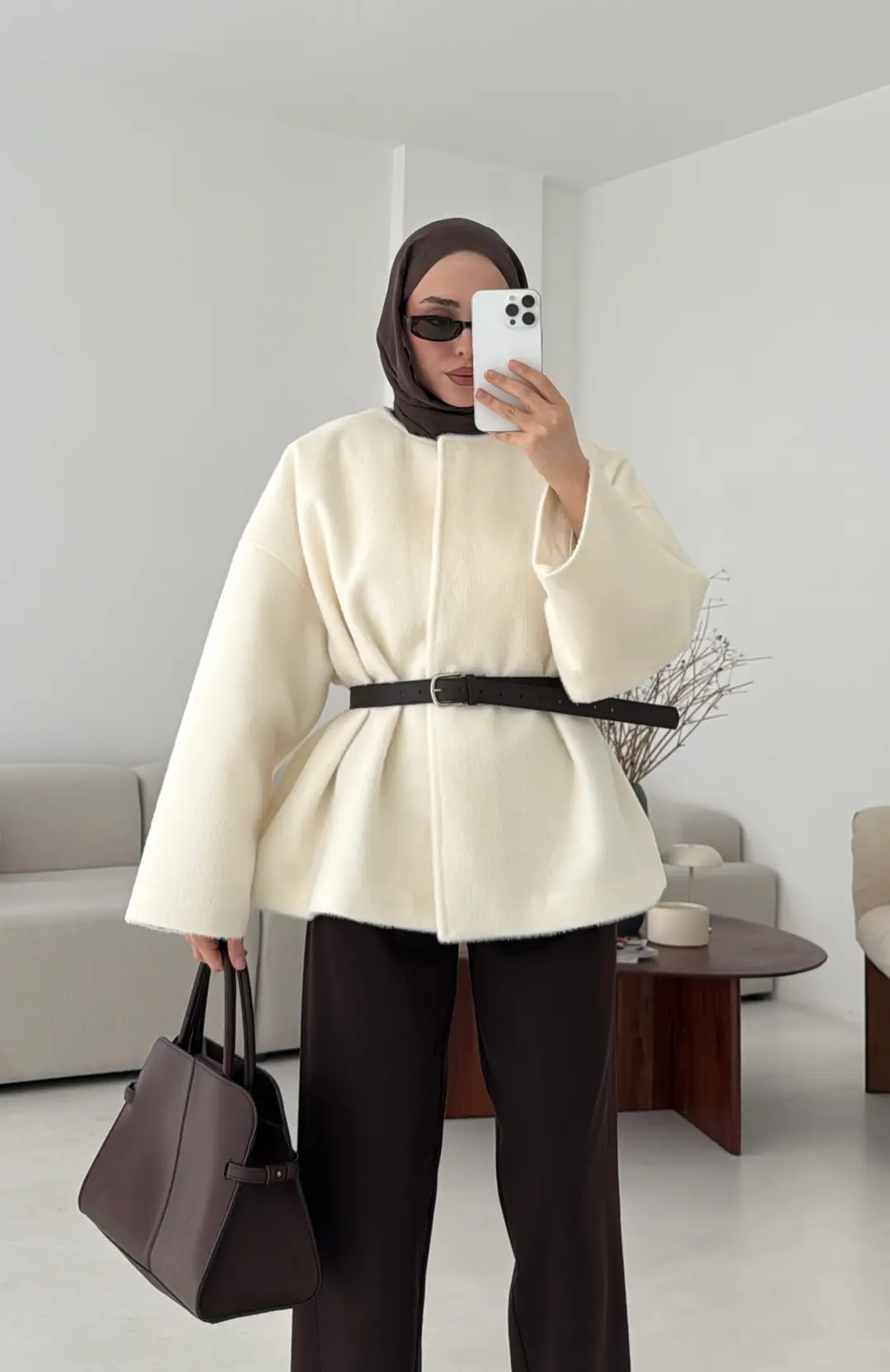 Kemerli Gizli Düğmeli Kaşe Kaban - Görsel 5