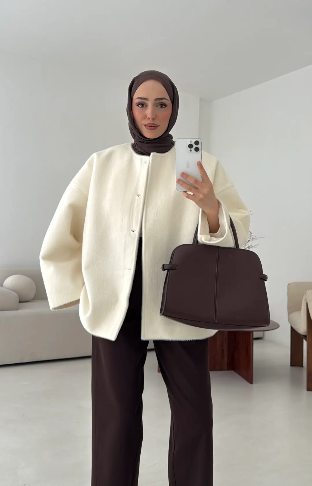 Kemerli Gizli Düğmeli Kaşe Kaban - Görsel 7