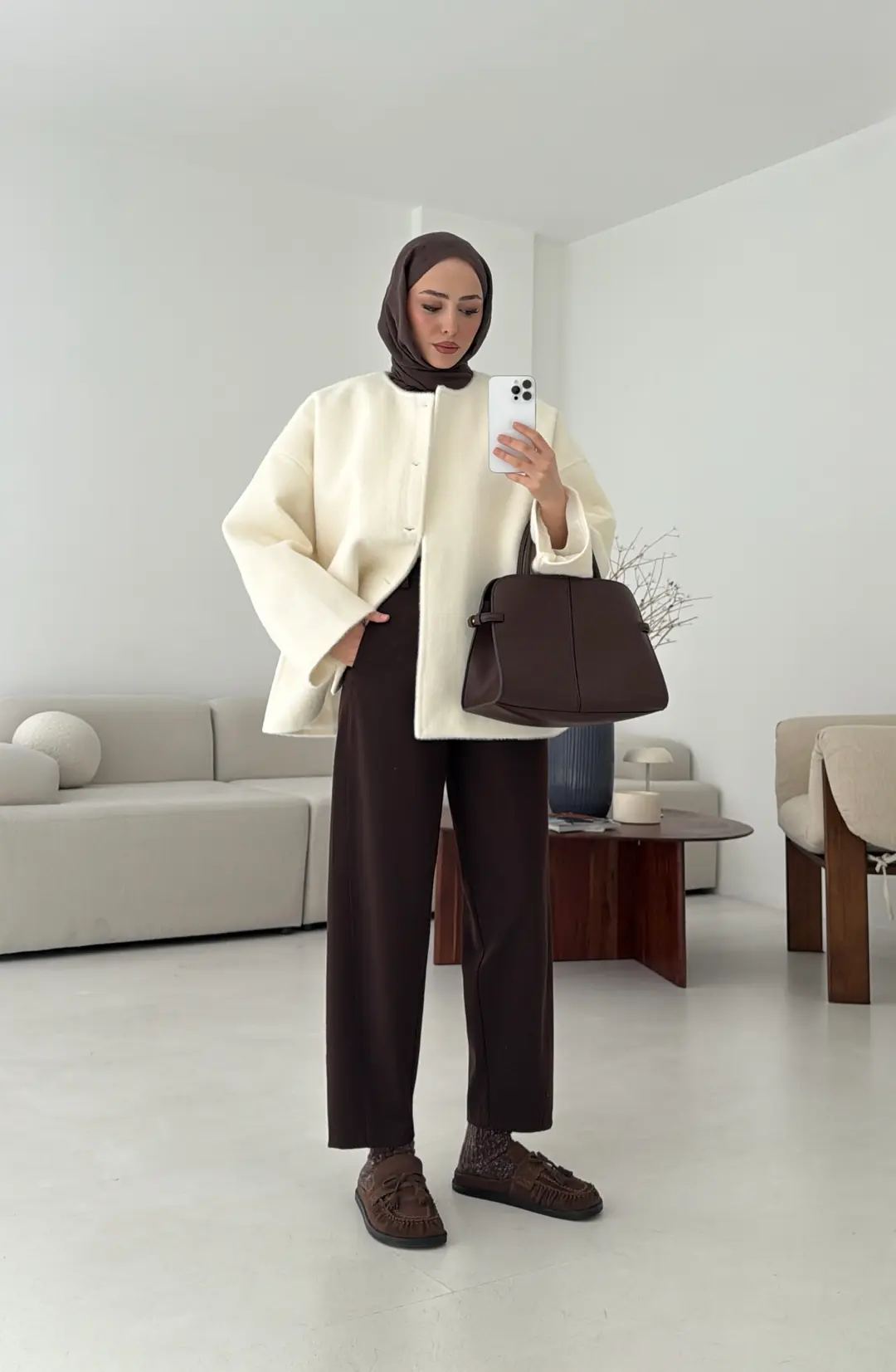 Kemerli Gizli Düğmeli Kaşe Kaban - Görsel 8