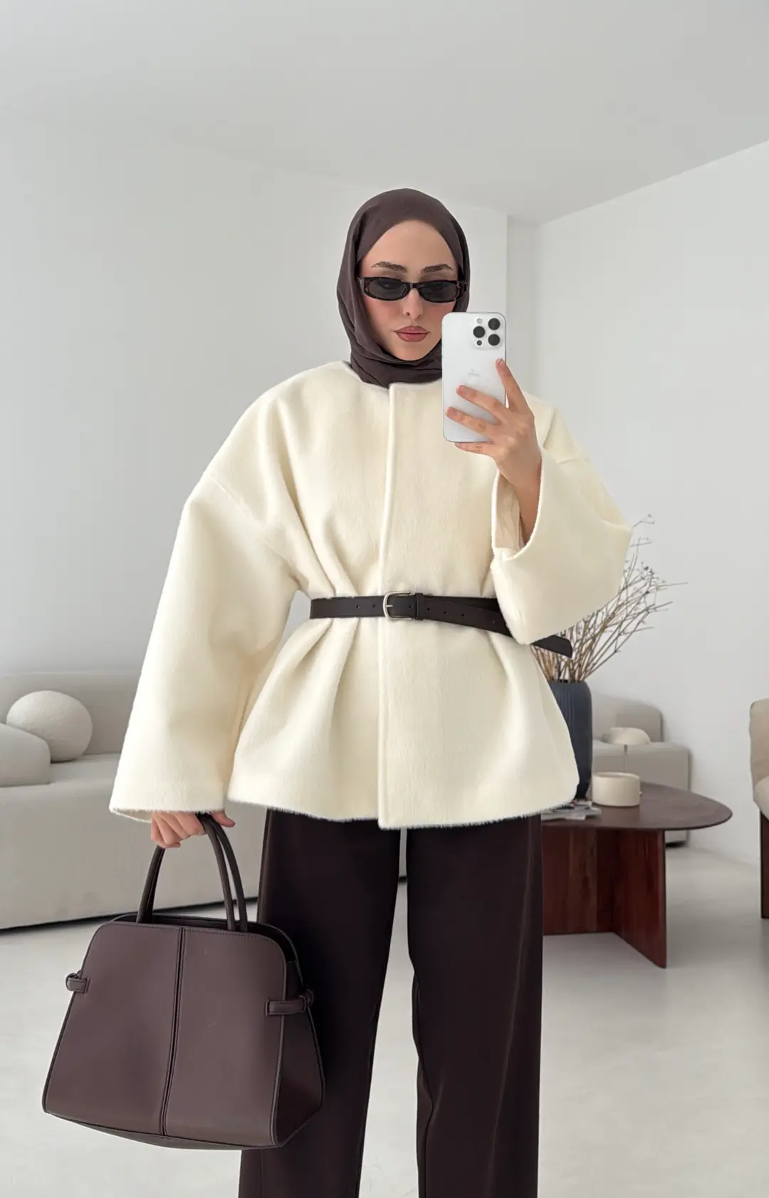 Kemerli Gizli Düğmeli Kaşe Kaban - Görsel 9