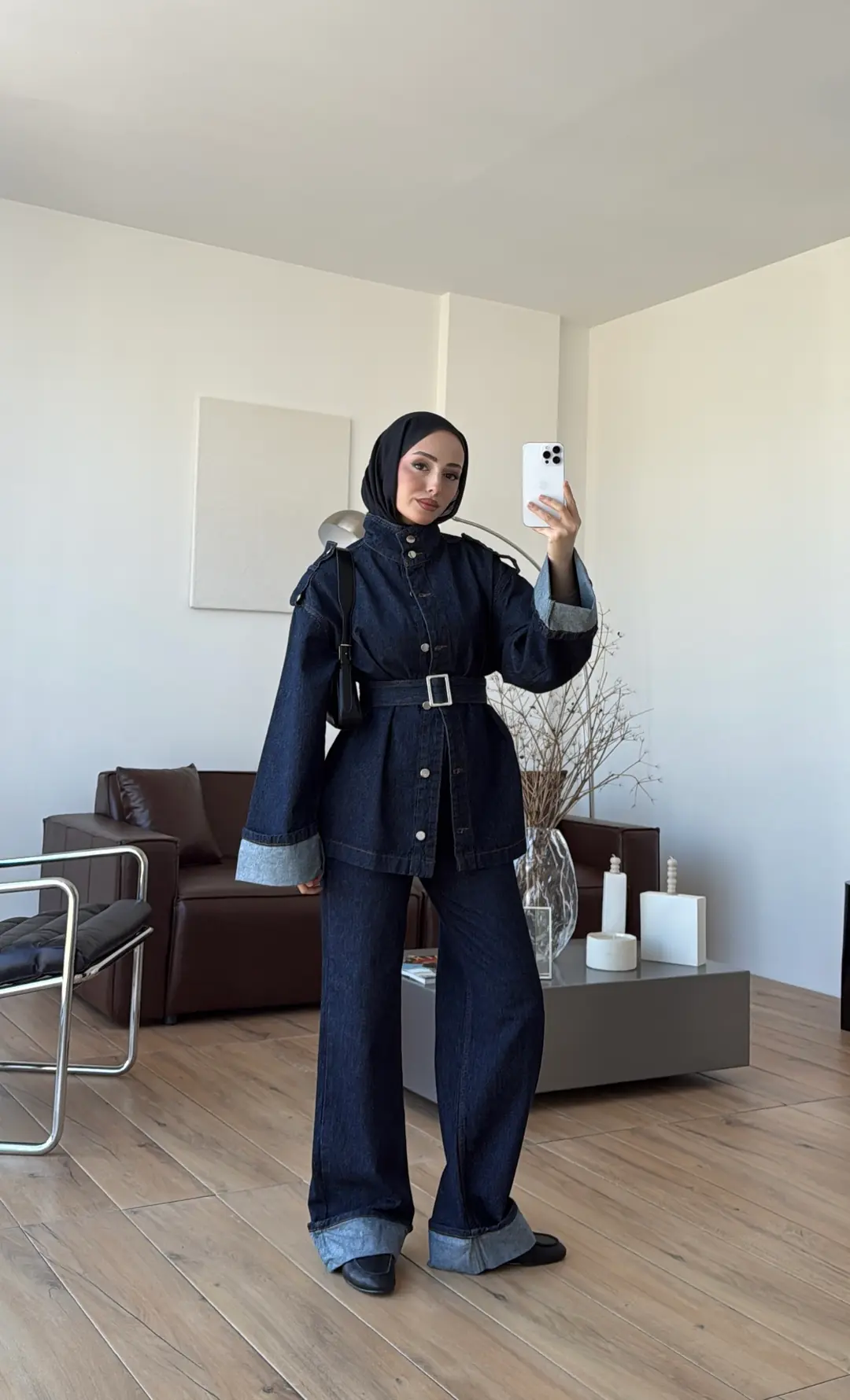 Kemerli Lacivert Denim Takım