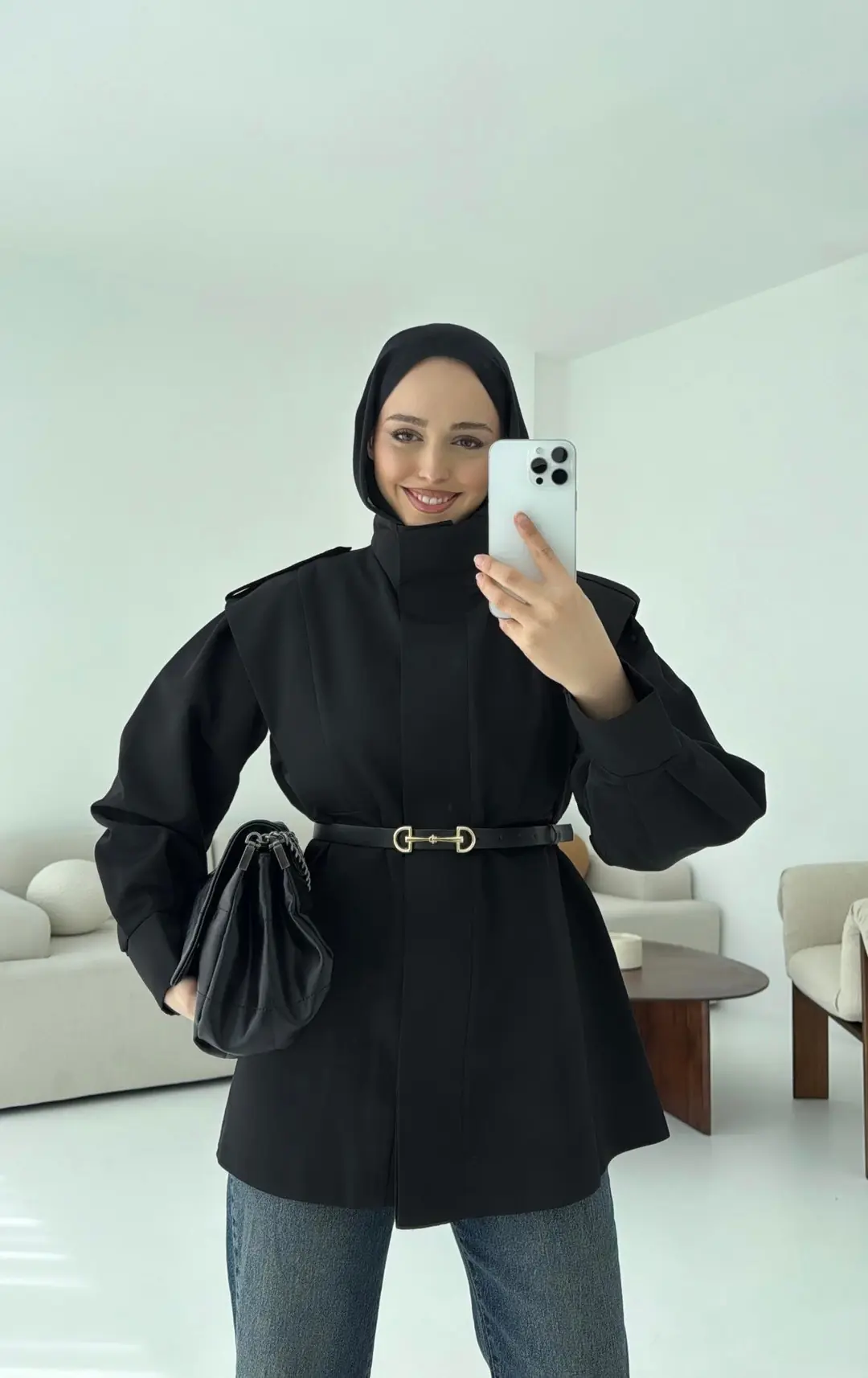 Kemerli Trençkot Siyah