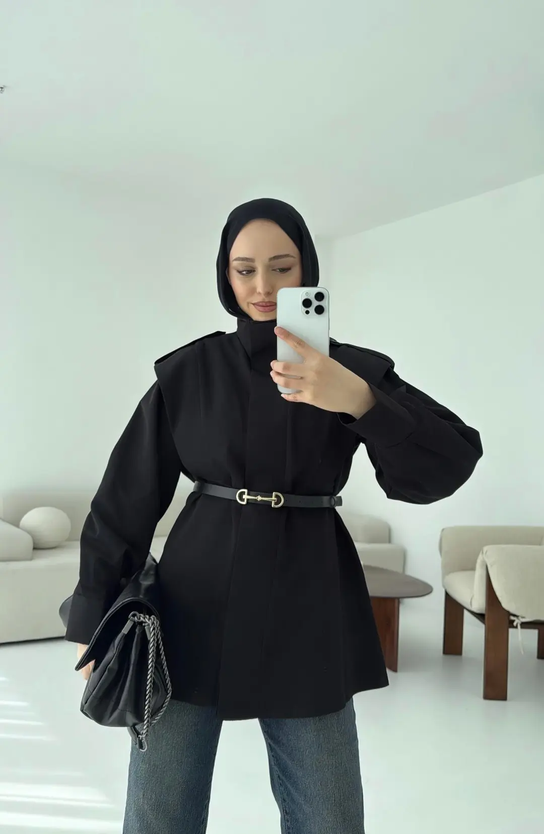 Kemerli Trençkot Siyah - Görsel 2