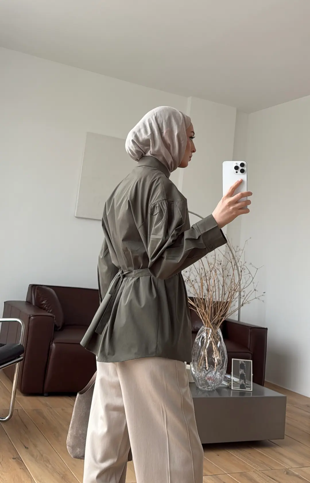 Kendinden Kemerli Gömlek Haki - Görsel 3