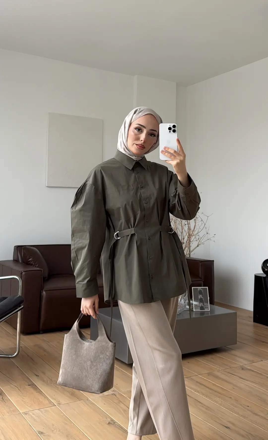 Kendinden Kemerli Gömlek Haki - Görsel 4