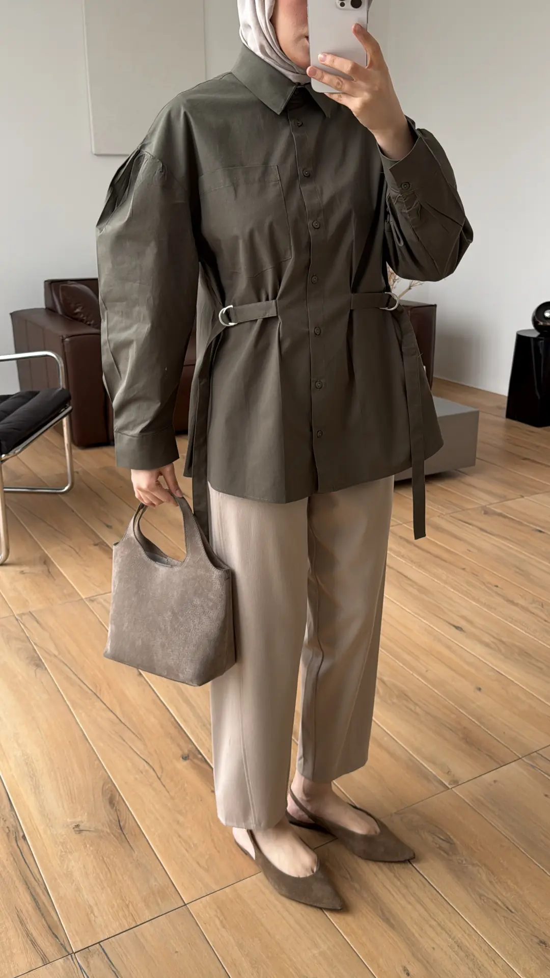 Kendinden Kemerli Gömlek Haki - Görsel 5