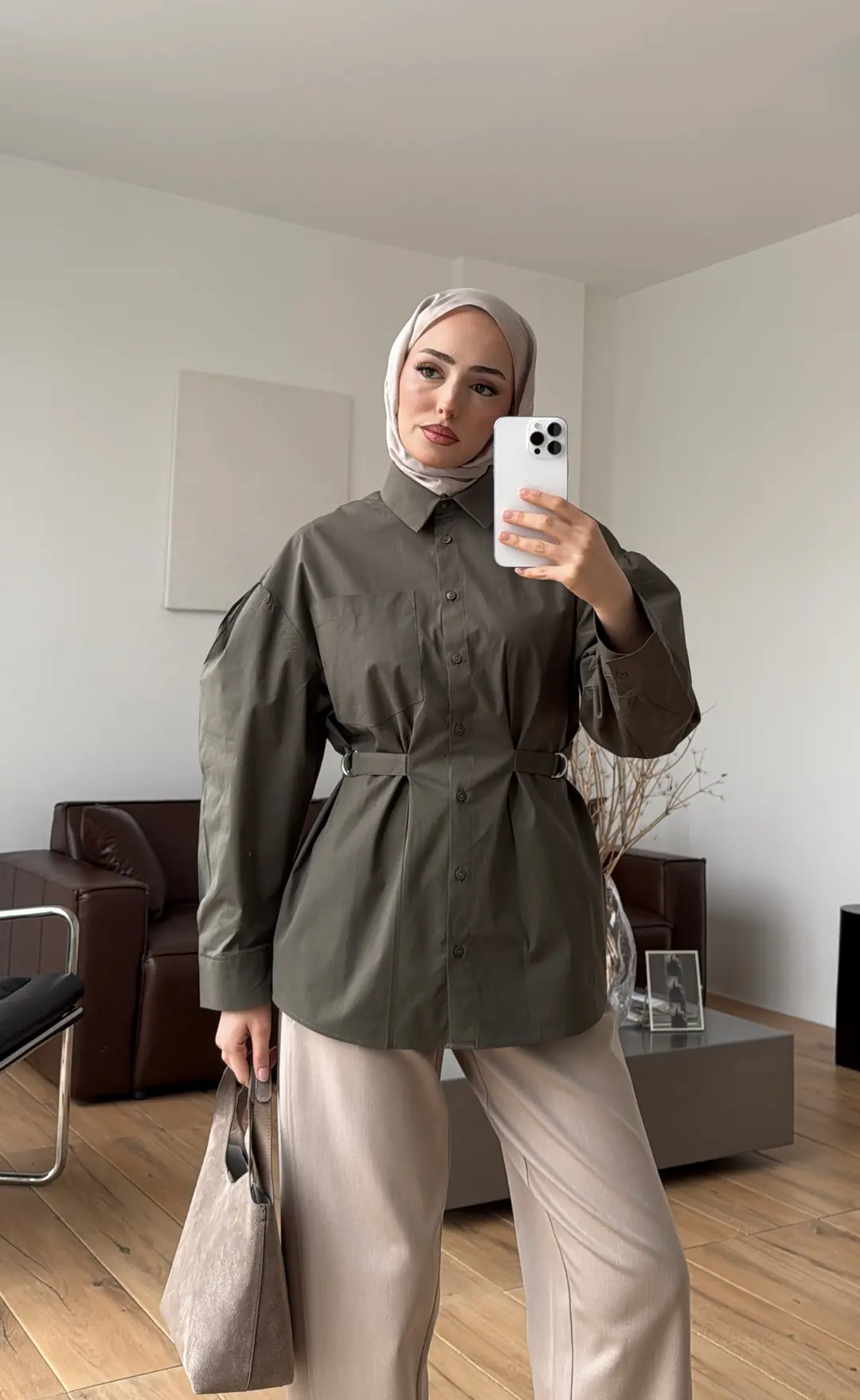 Kendinden Kemerli Gömlek Haki - Görsel 6