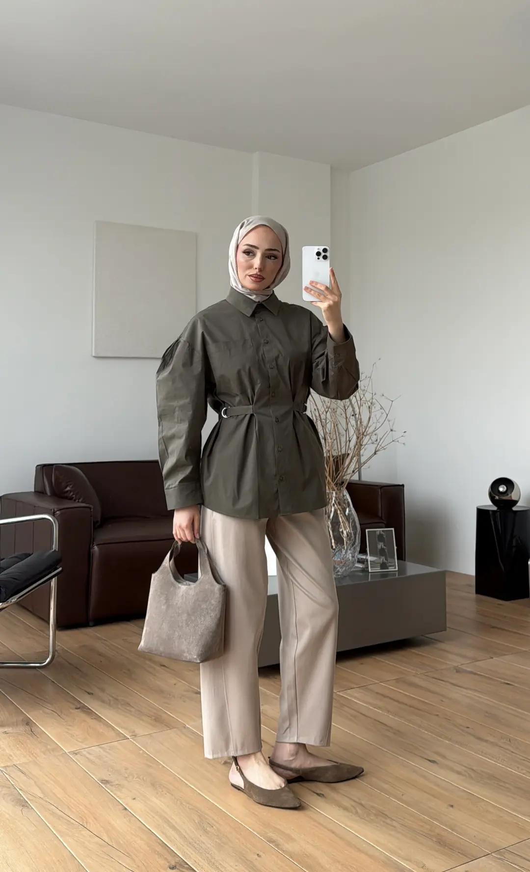 Kendinden Kemerli Gömlek Haki - Görsel 7