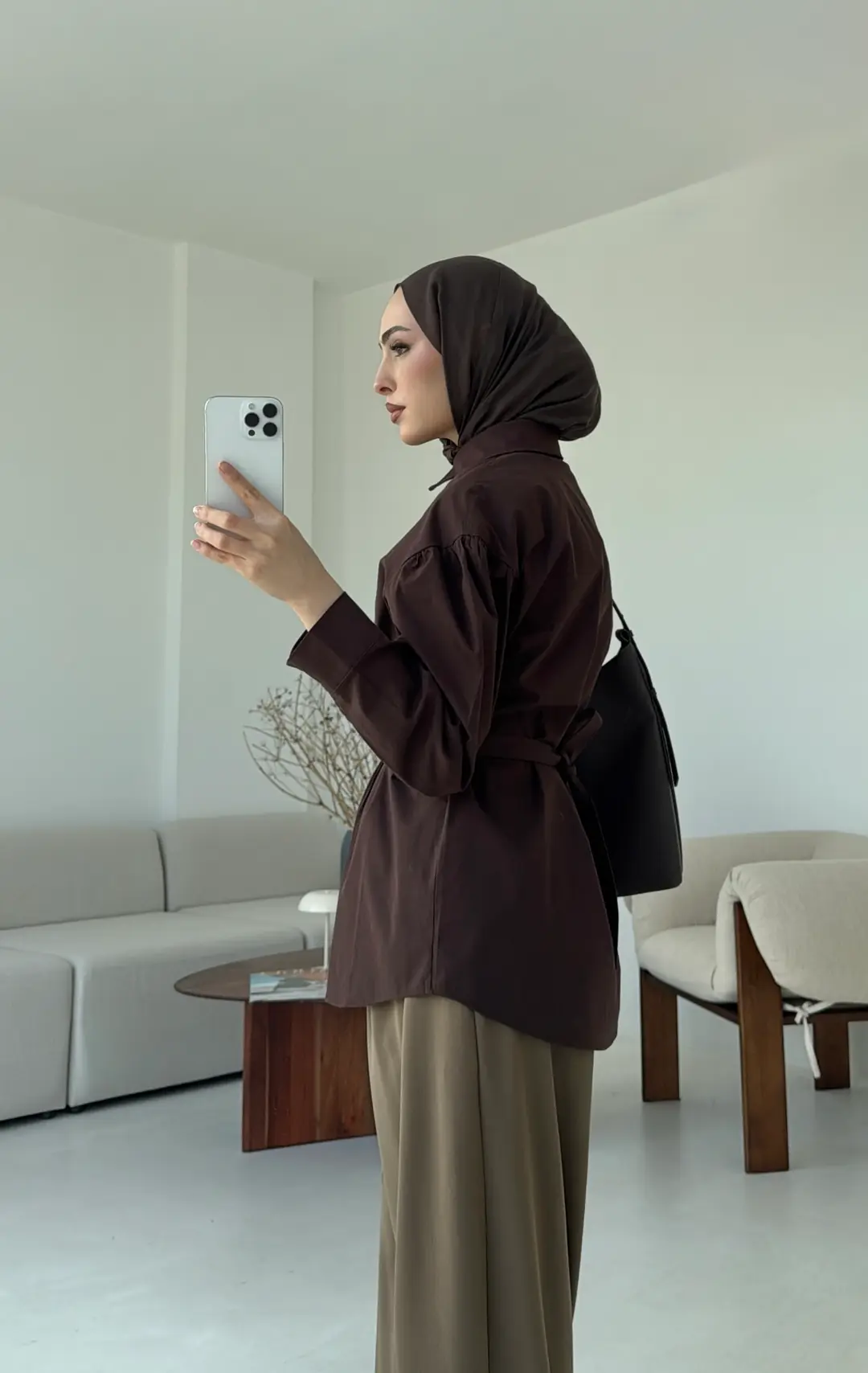 Kendinden Kemerli Gömlek Kahve - Görsel 2