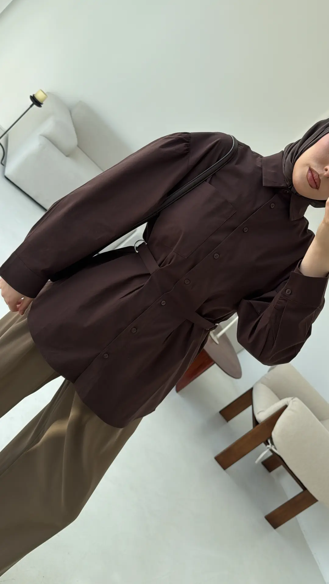 Kendinden Kemerli Gömlek Kahve - Görsel 3