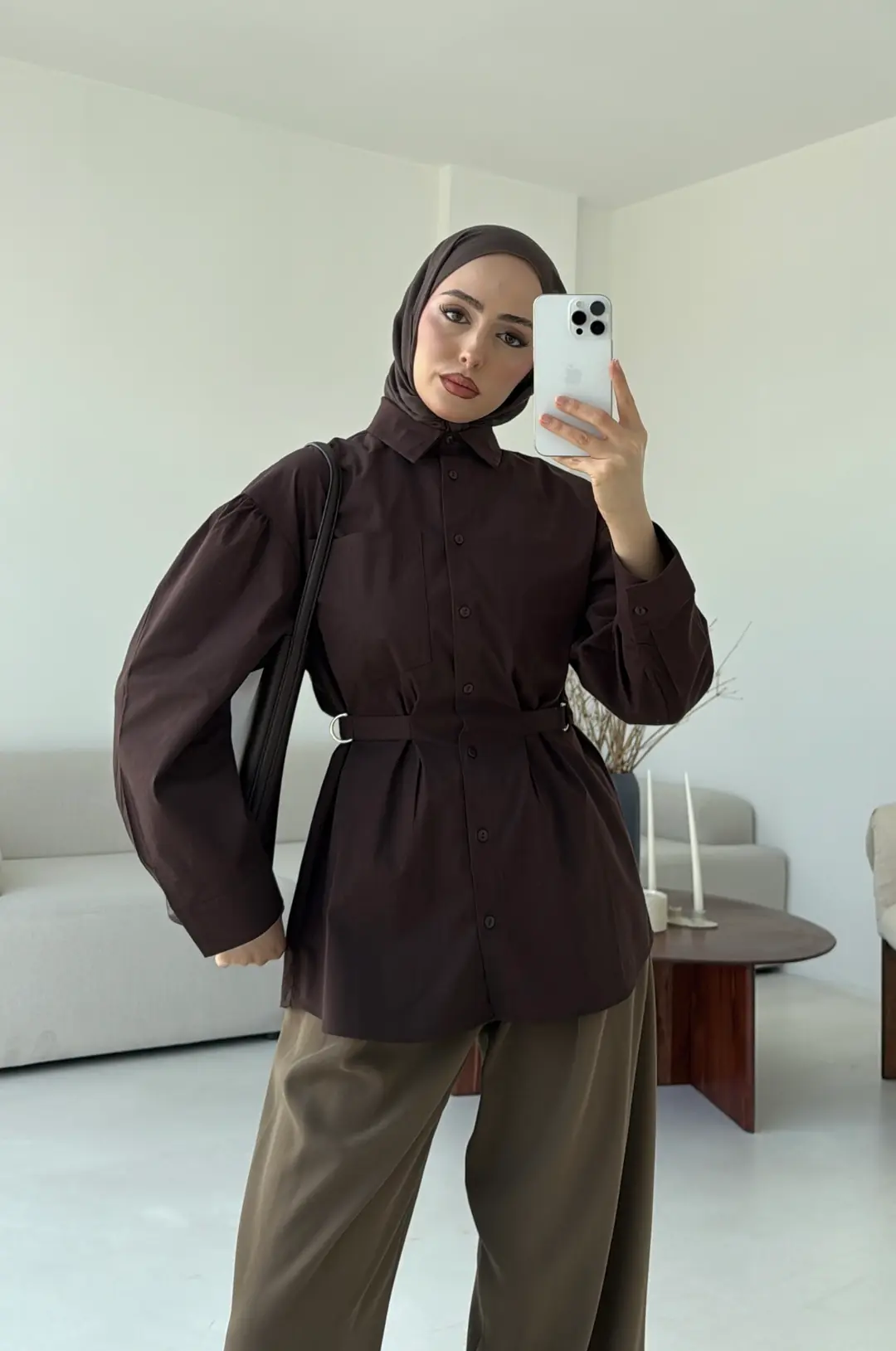 Kendinden Kemerli Gömlek Kahve - Görsel 6