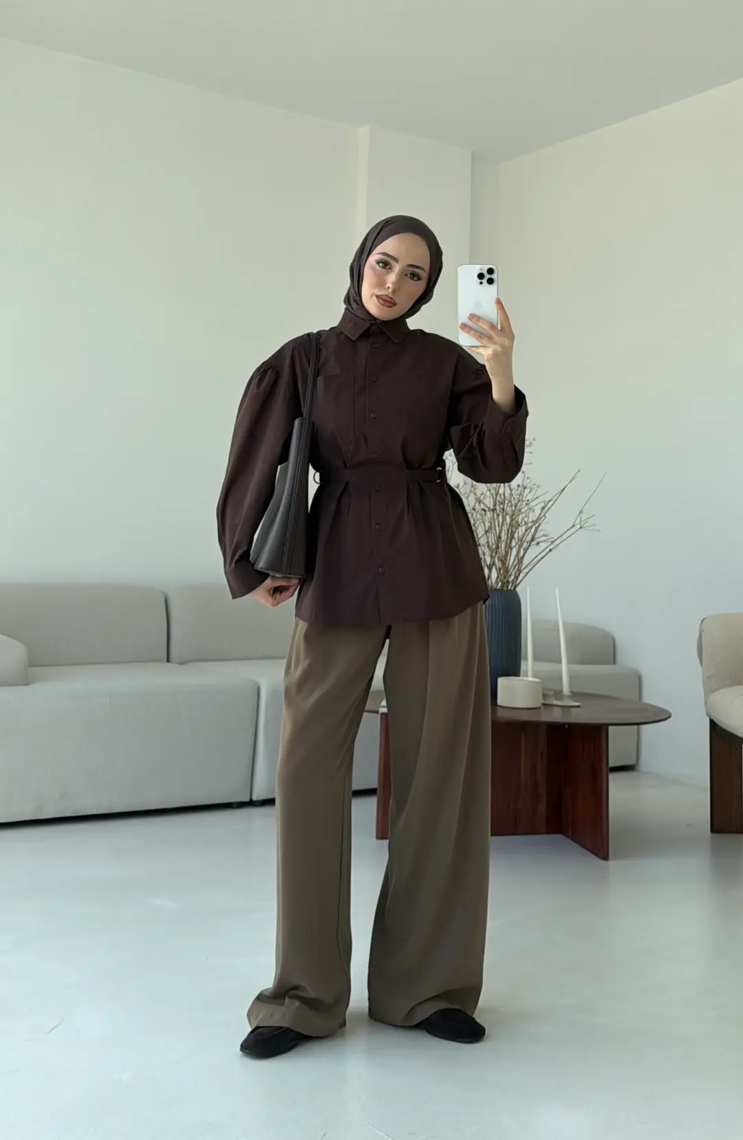 Kendinden Kemerli Gömlek Kahve - Görsel 8